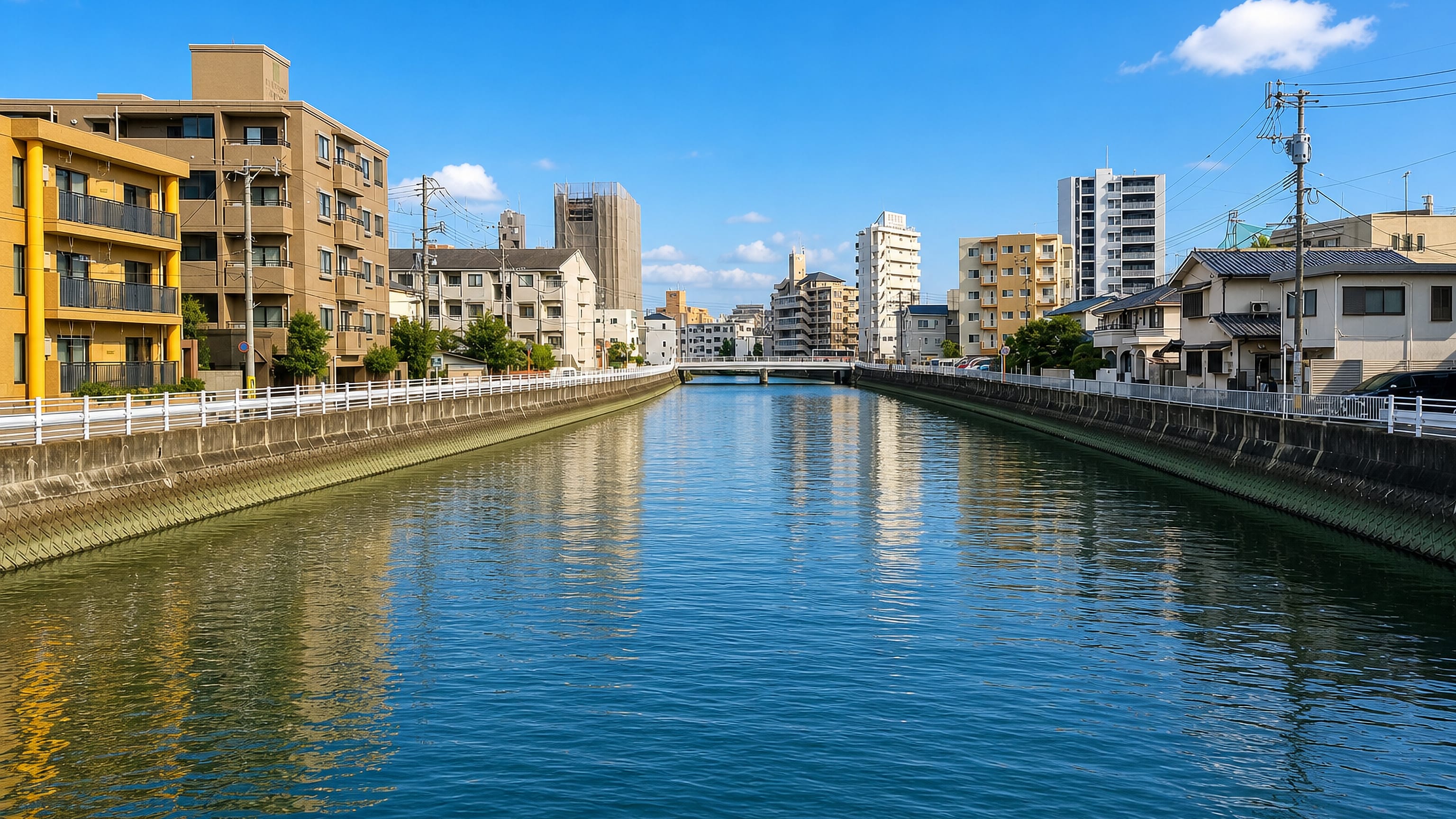 Canal lined with low-rise apartment blocks and houses in Torikai, a residential quarter of Fukuoka.
