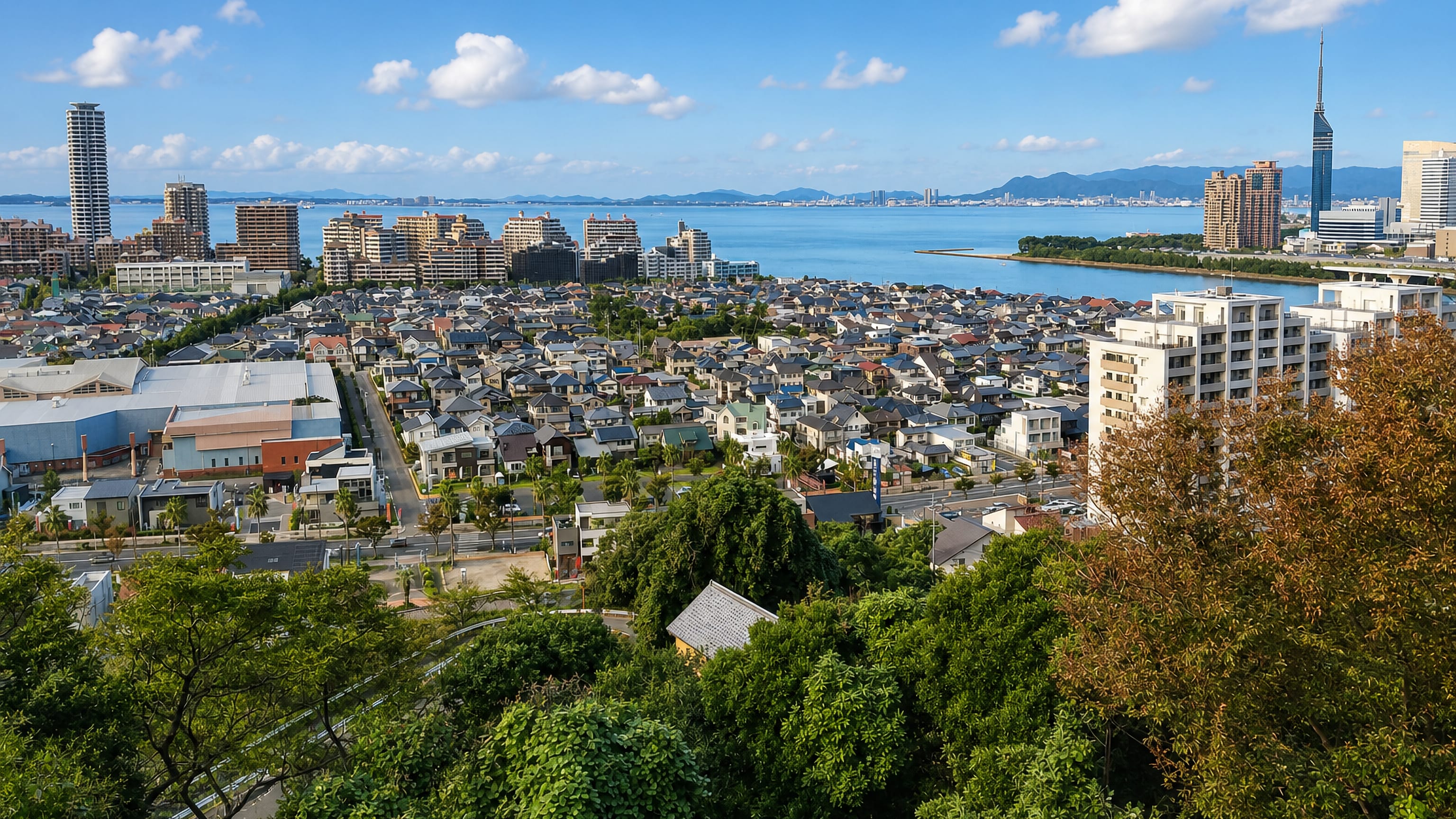 Toyohama in Fukuoka looking over low-rise homes to Hakata Bay, with Fukuoka Tower rising on the shoreline.