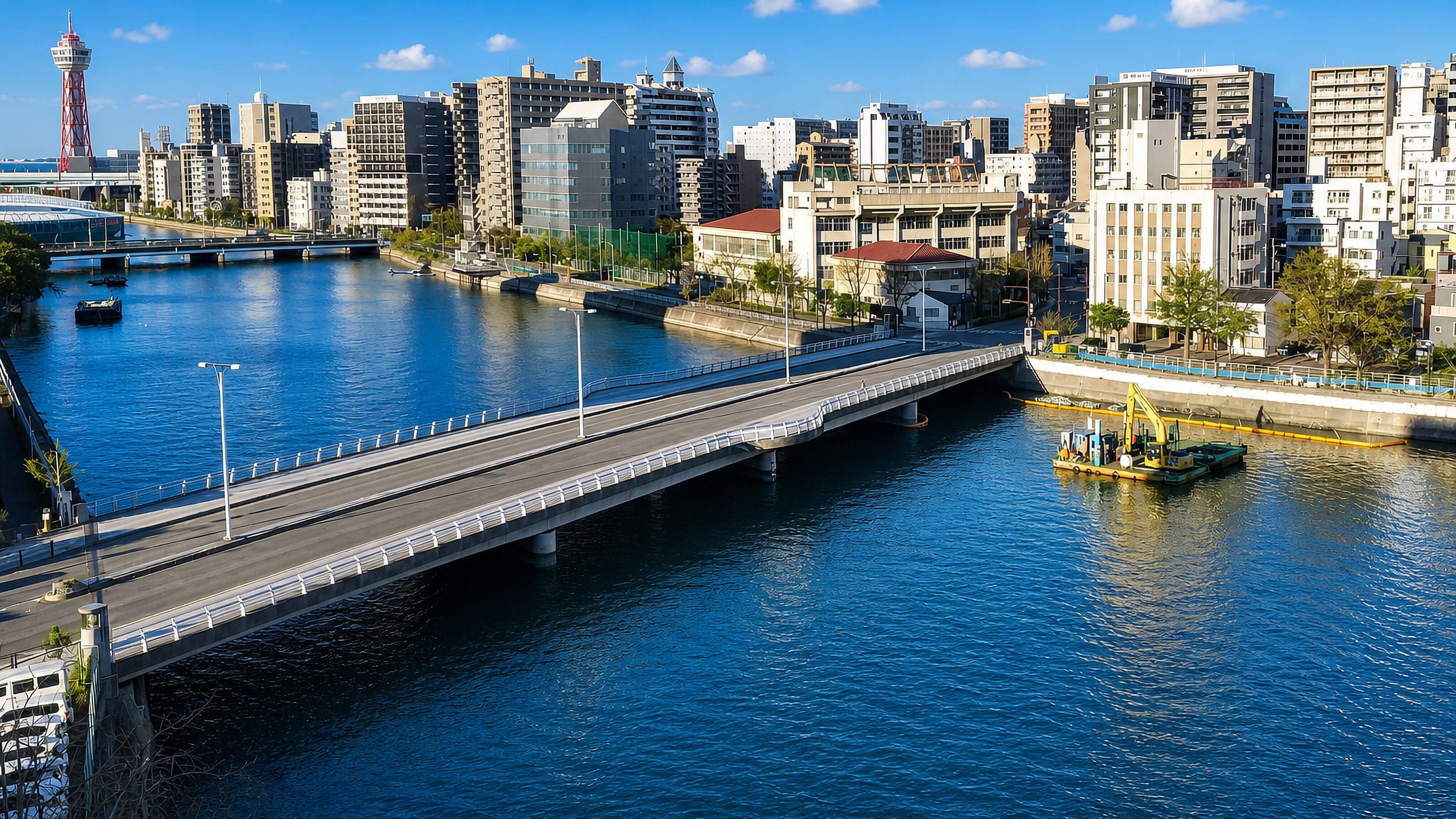 Canal-side bridge and mid-rise blocks at Tsumashoji in Fukuoka, with a red-and-white port tower behind.