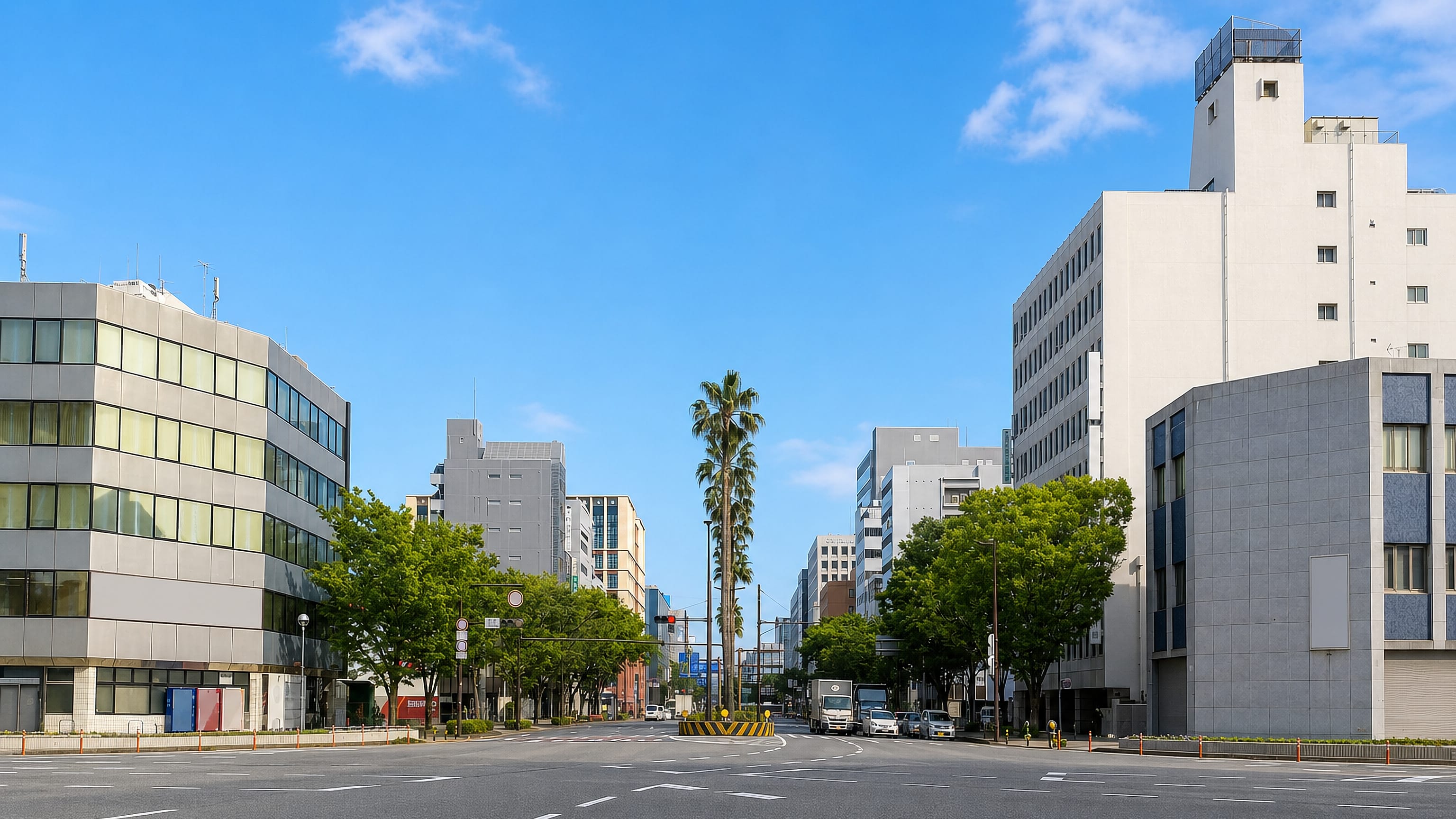 Wide palm-planted boulevard lined with mid-rise offices in Tsunabamachi, central Fukuoka.