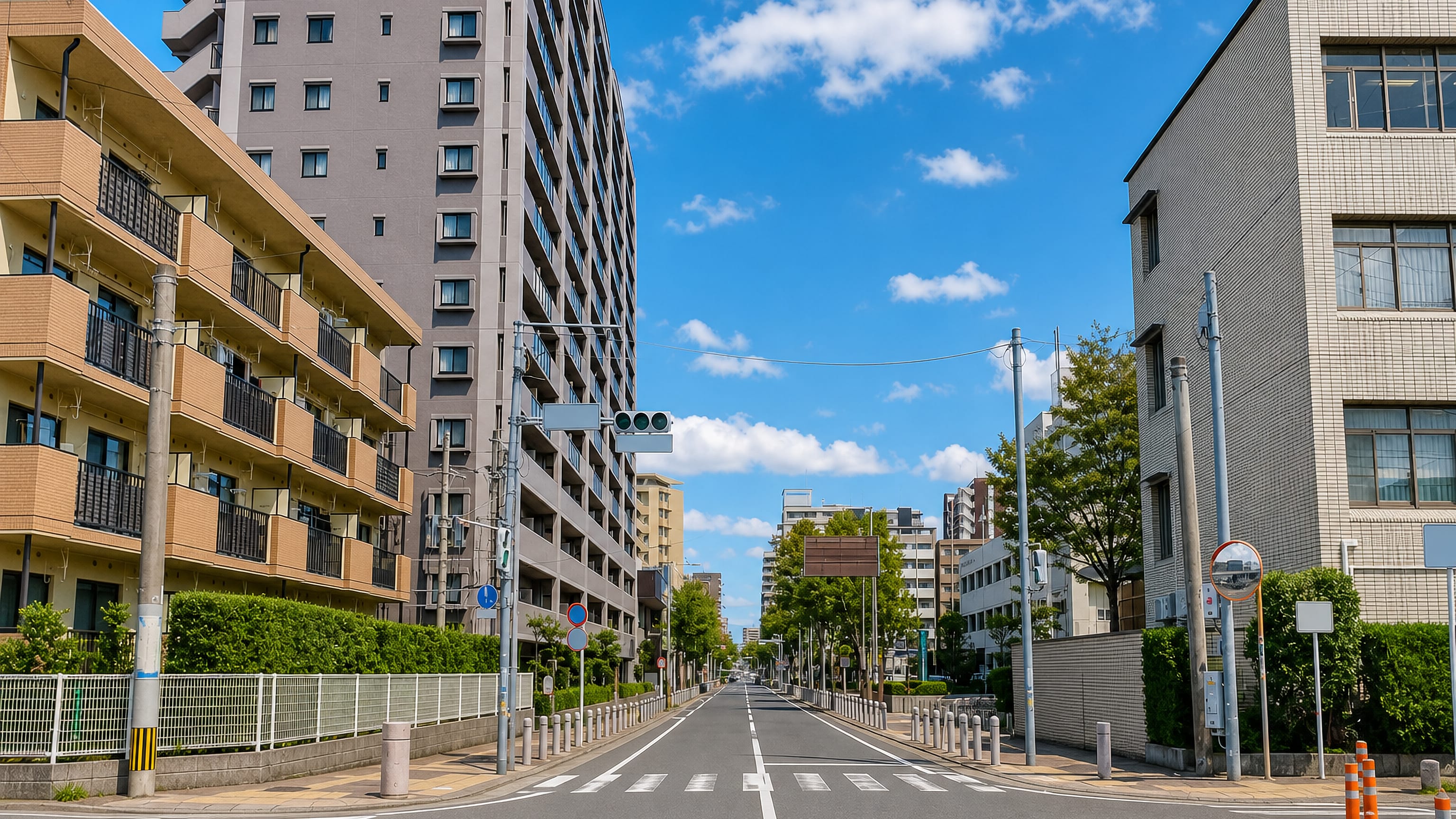 Wide tree-lined avenue flanked by mid-rise apartment blocks in Uchihama, Fukuoka, under a bright blue sky.
