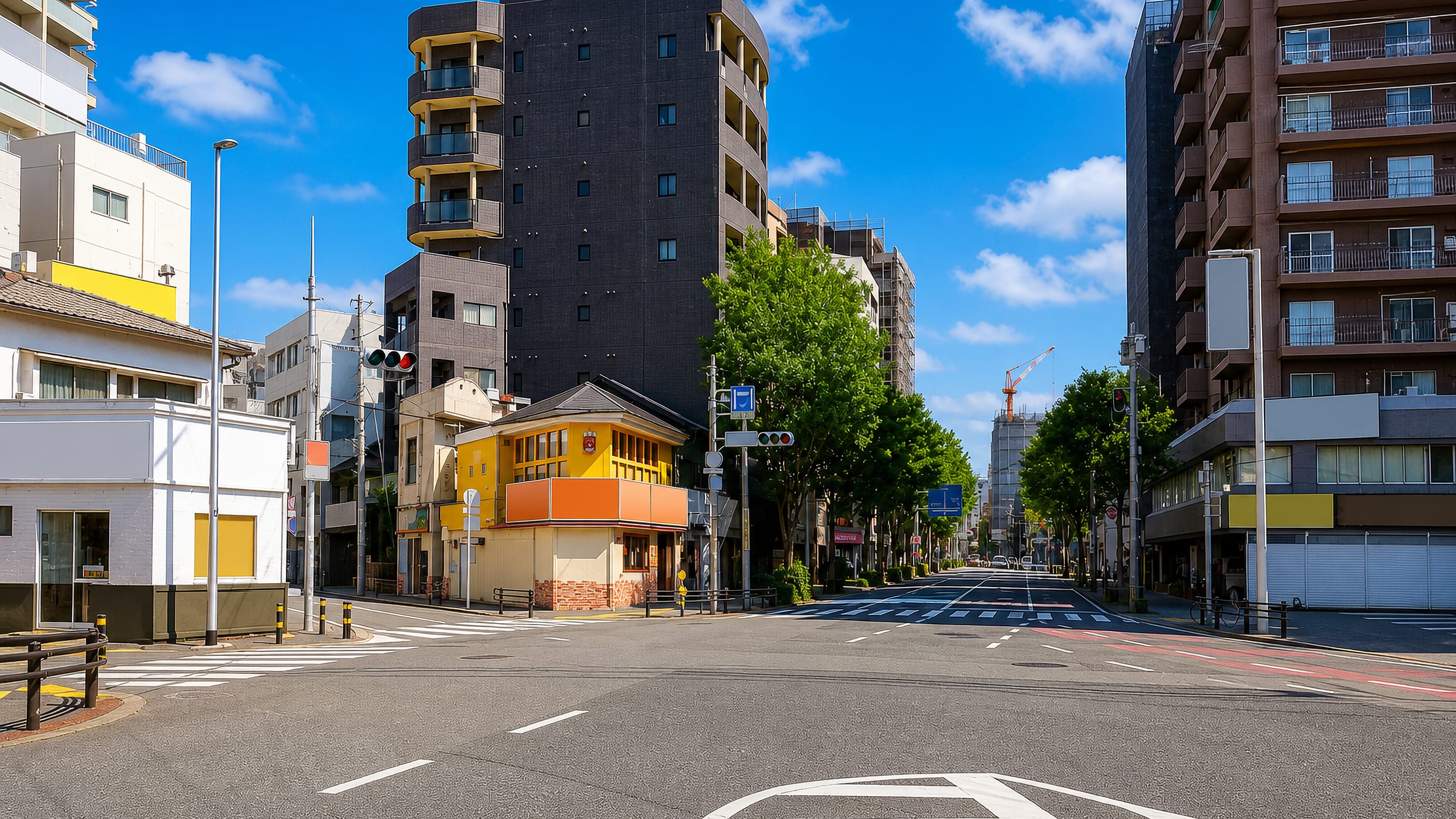 A broad tree-lined avenue in Yakuin, Fukuoka, with mid-rise apartments and a retro yellow corner shop.