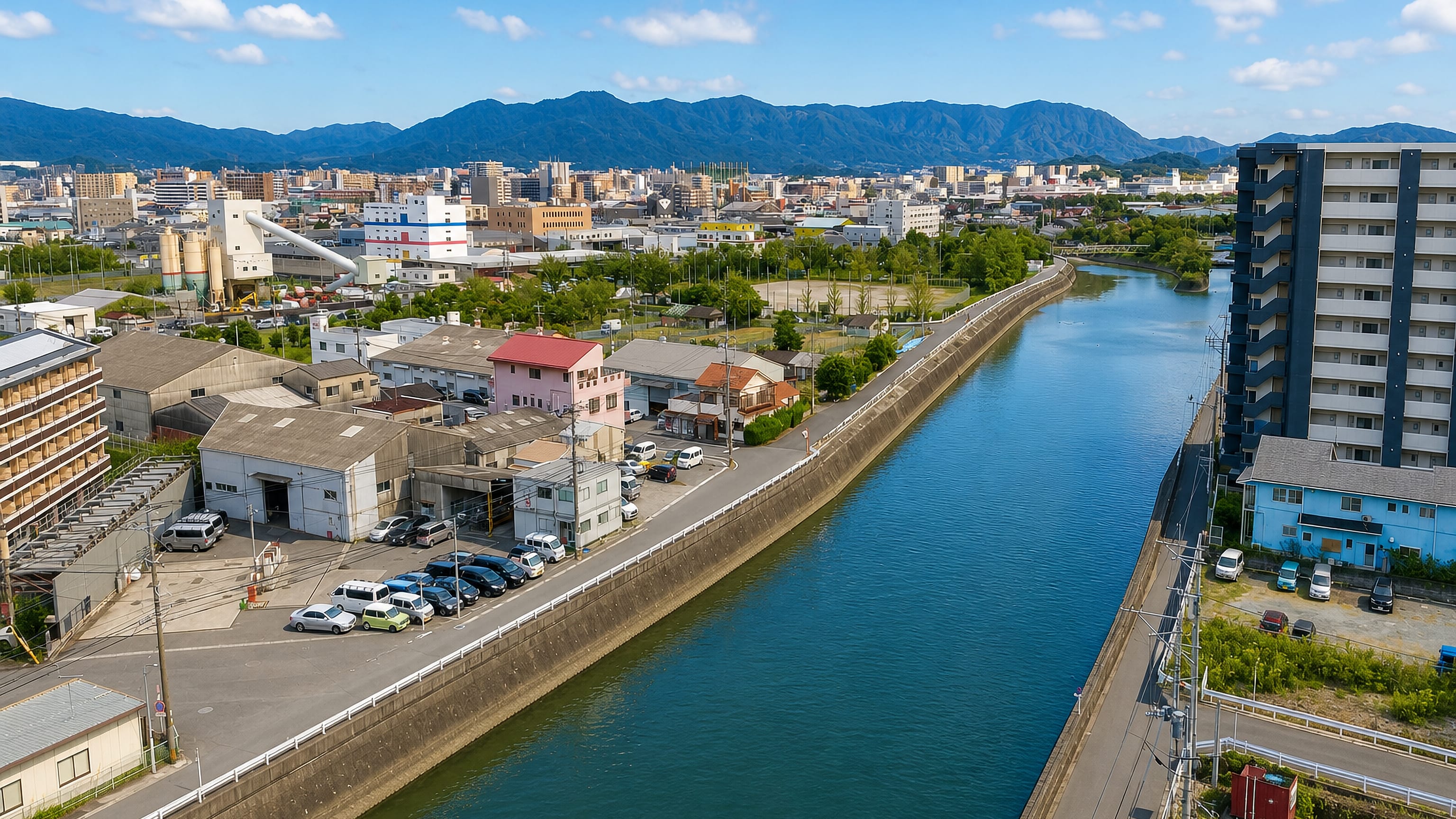 Canalised river lined with homes, workshops and apartment blocks below distant hills in Yoshizuka, Fukuoka.