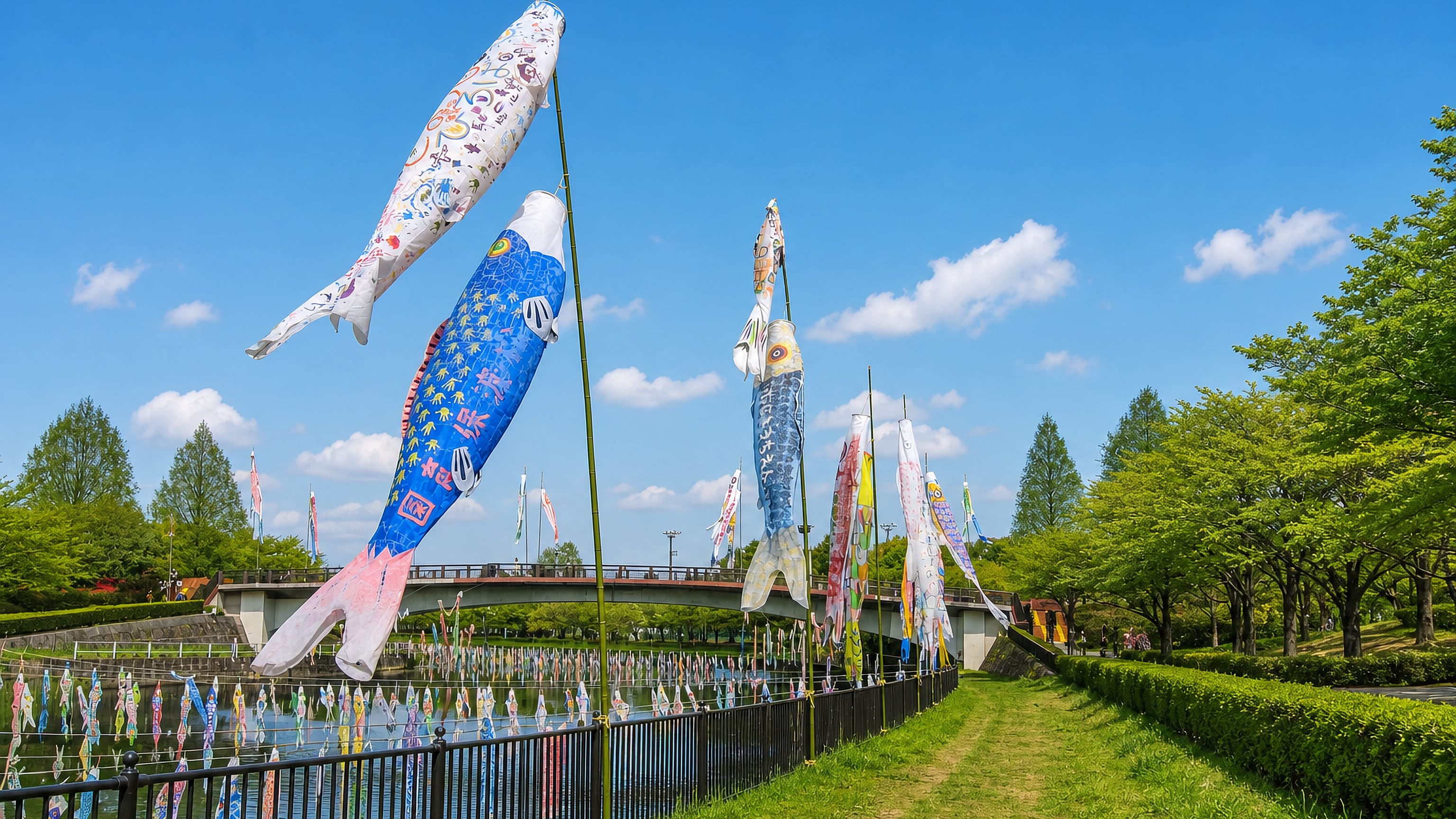 Giant koinobori carp streamers flying over the river at the carp-banner festival in Tatebayashi, Japan.