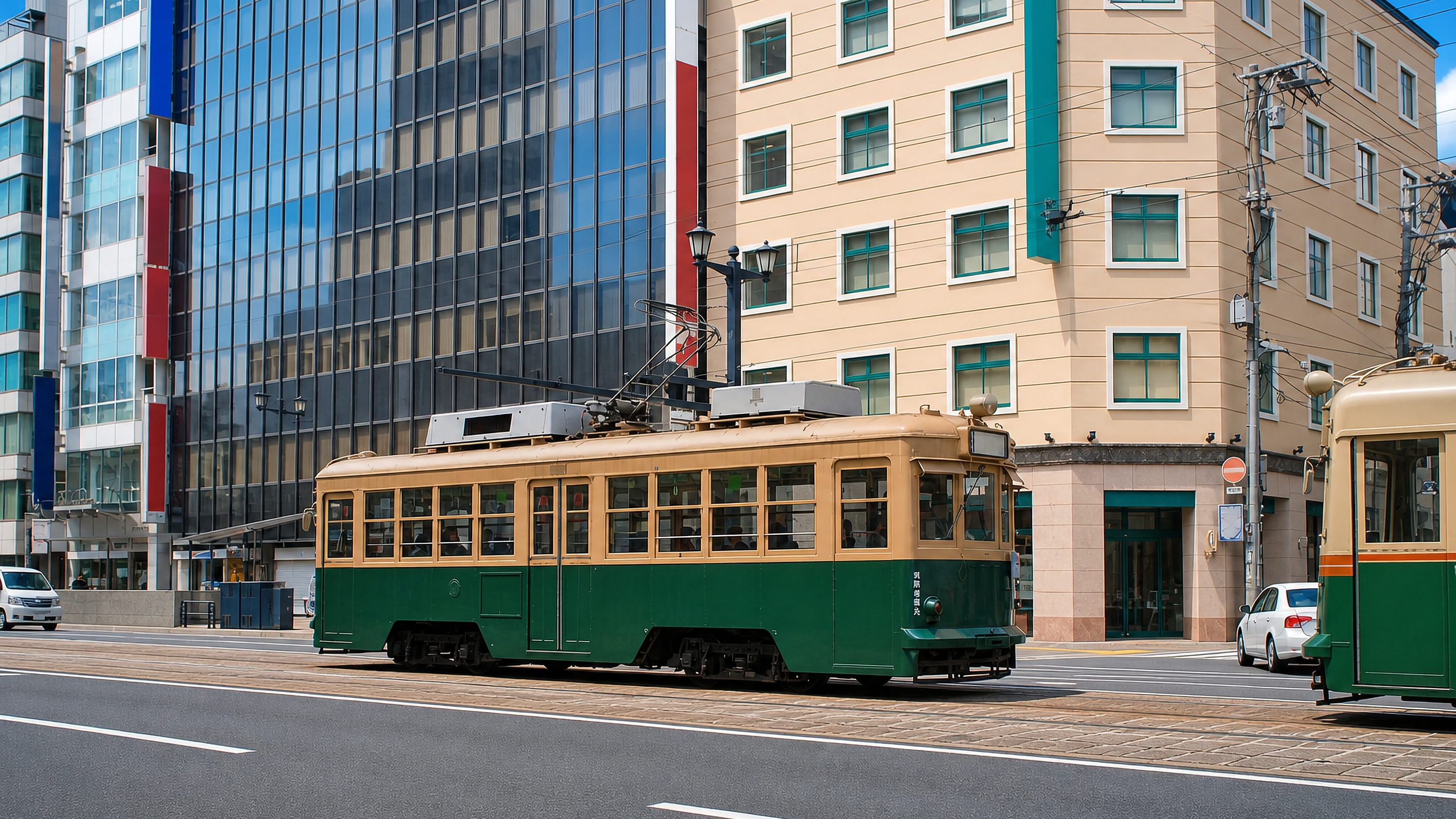 A green Hiroden streetcar passing office blocks on a wide avenue in Kamiyacho, central Hiroshima.
