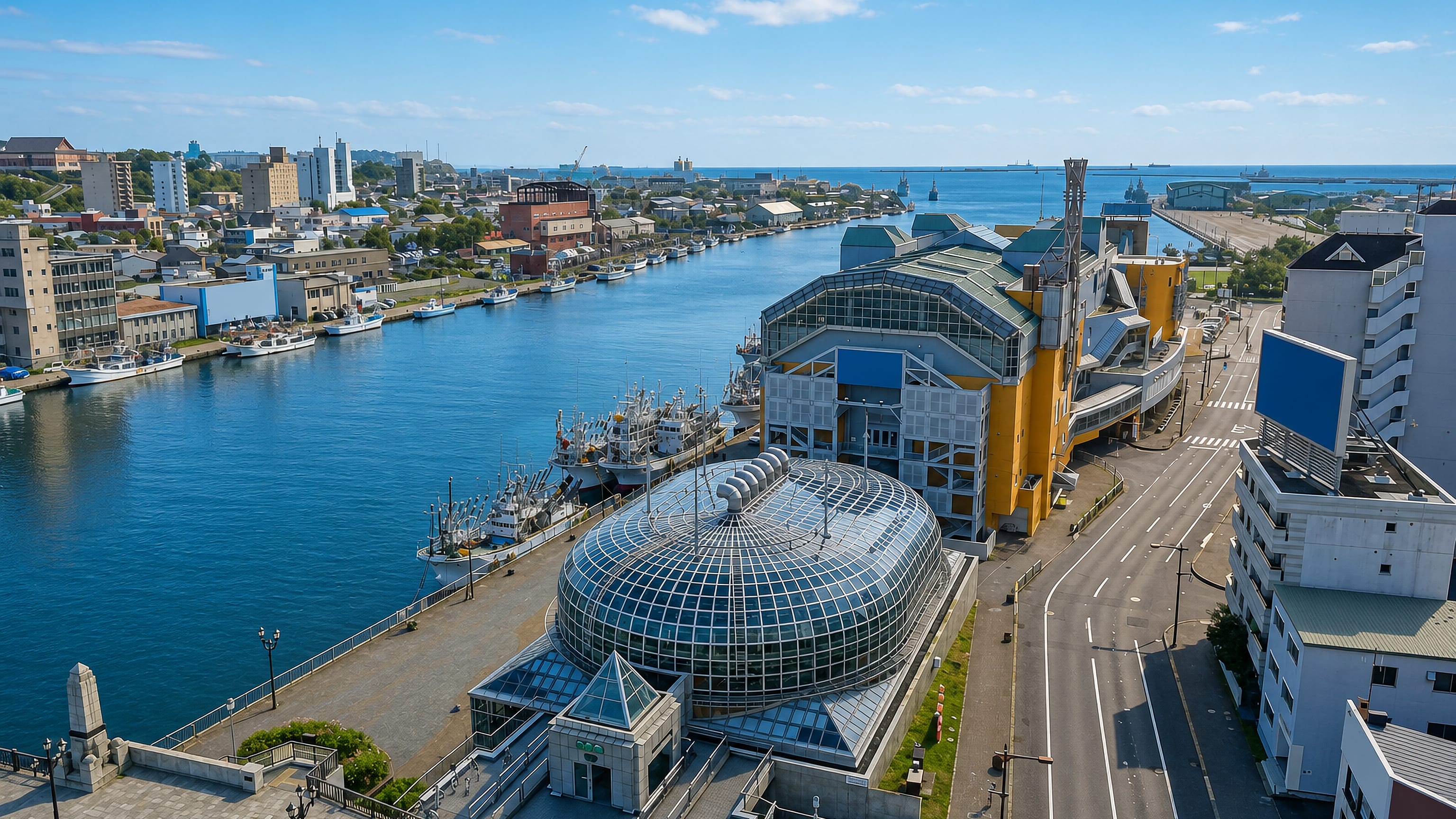 Kushiro's riverside port with the glass EGG dome and Fisherman's Wharf MOO beside fishing boats, Hokkaido.