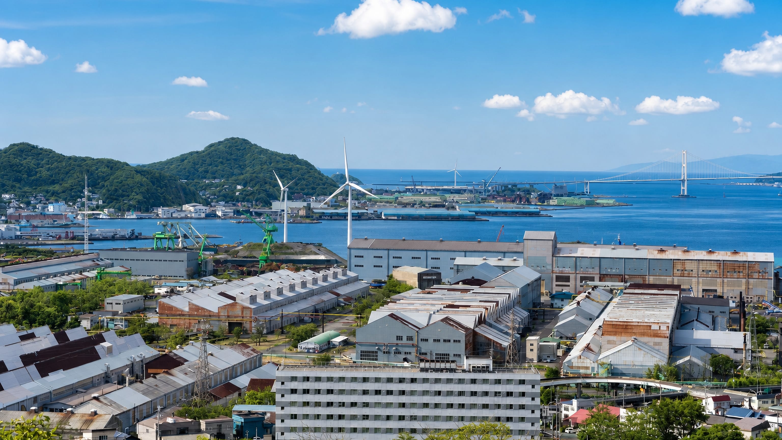 Muroran, Hokkaido, with harbour cranes, steel works, wind turbines and the Hakuchō Bridge across the bay.