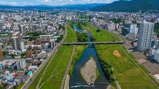 Sapporo's grid of buildings along the Toyohira river with grassy banks and mountains rising behind
