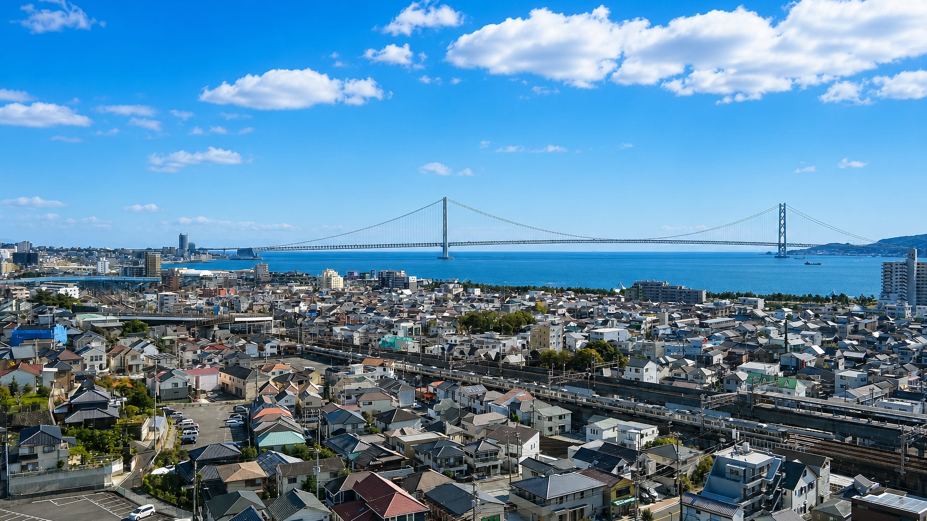 The Akashi Kaikyo Bridge spanning the strait beyond the dense low-rise rooftops of Akashi, Japan.