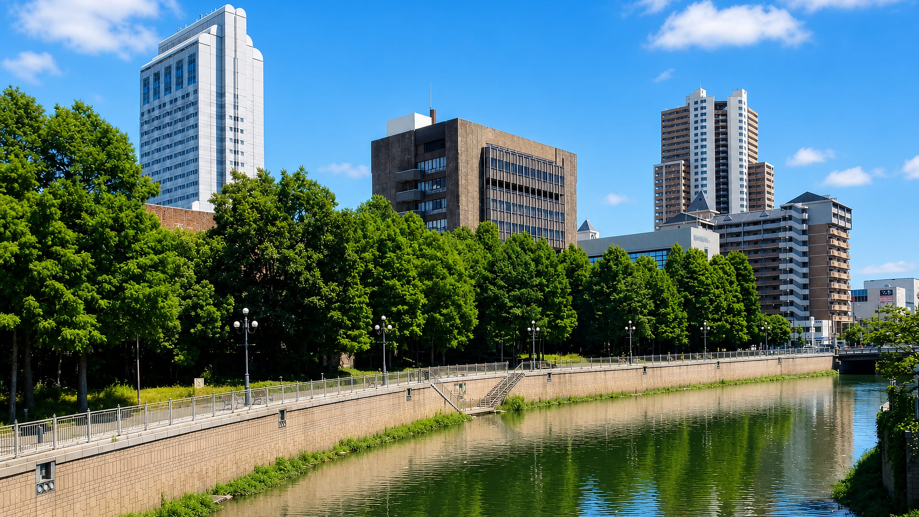 Canal-side promenade in Amagasaki, Japan, lined with trees below mid-rise offices and apartment towers.