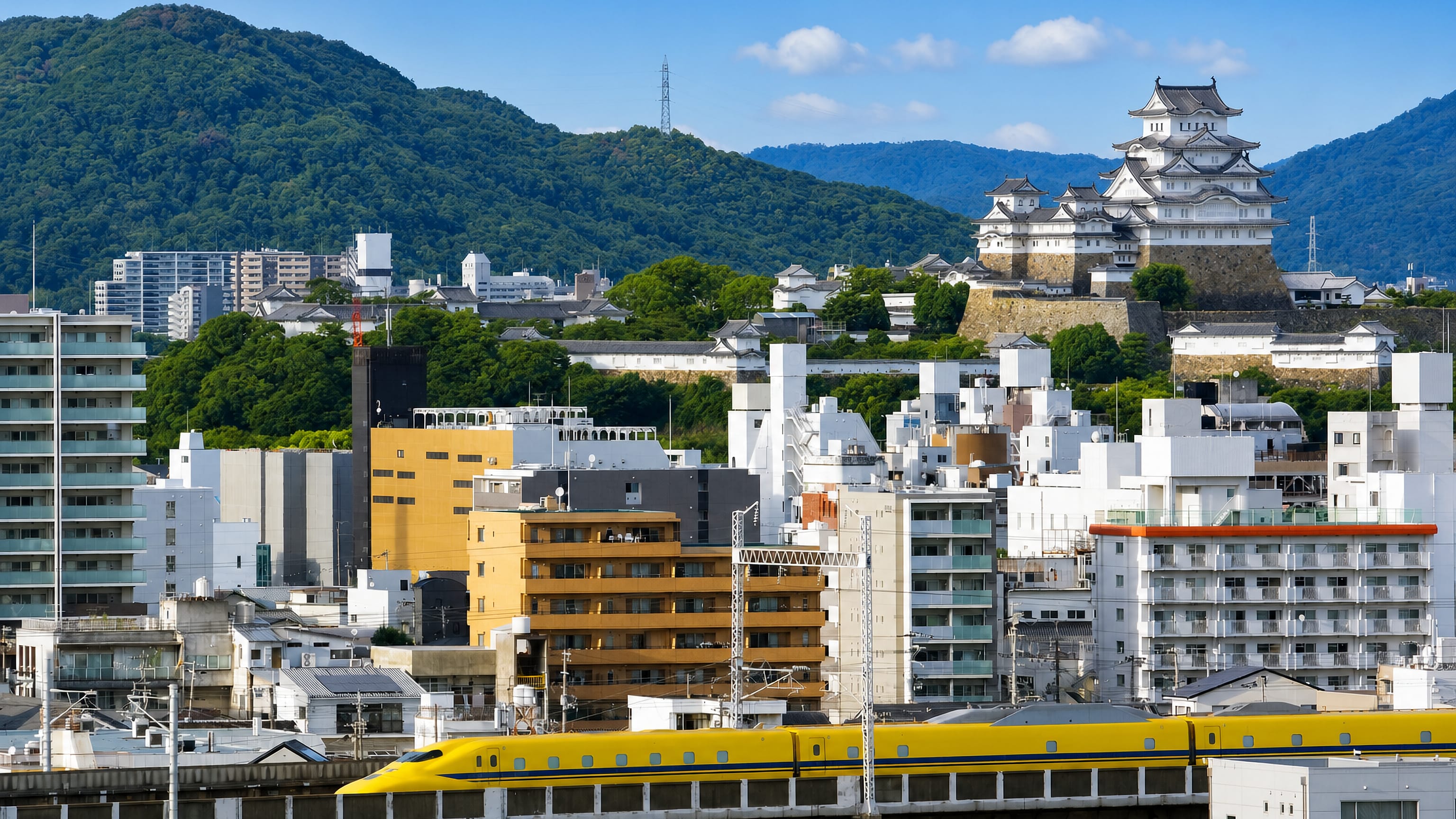 Himeji Castle's white keep above the city rooftops, with a yellow Shinkansen crossing the viaduct in Himeji, Japan.
