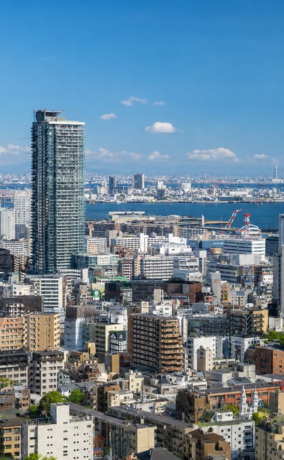 Hillside panorama of Kobe's dense cityscape stretching to the port and bay under a clear sky.