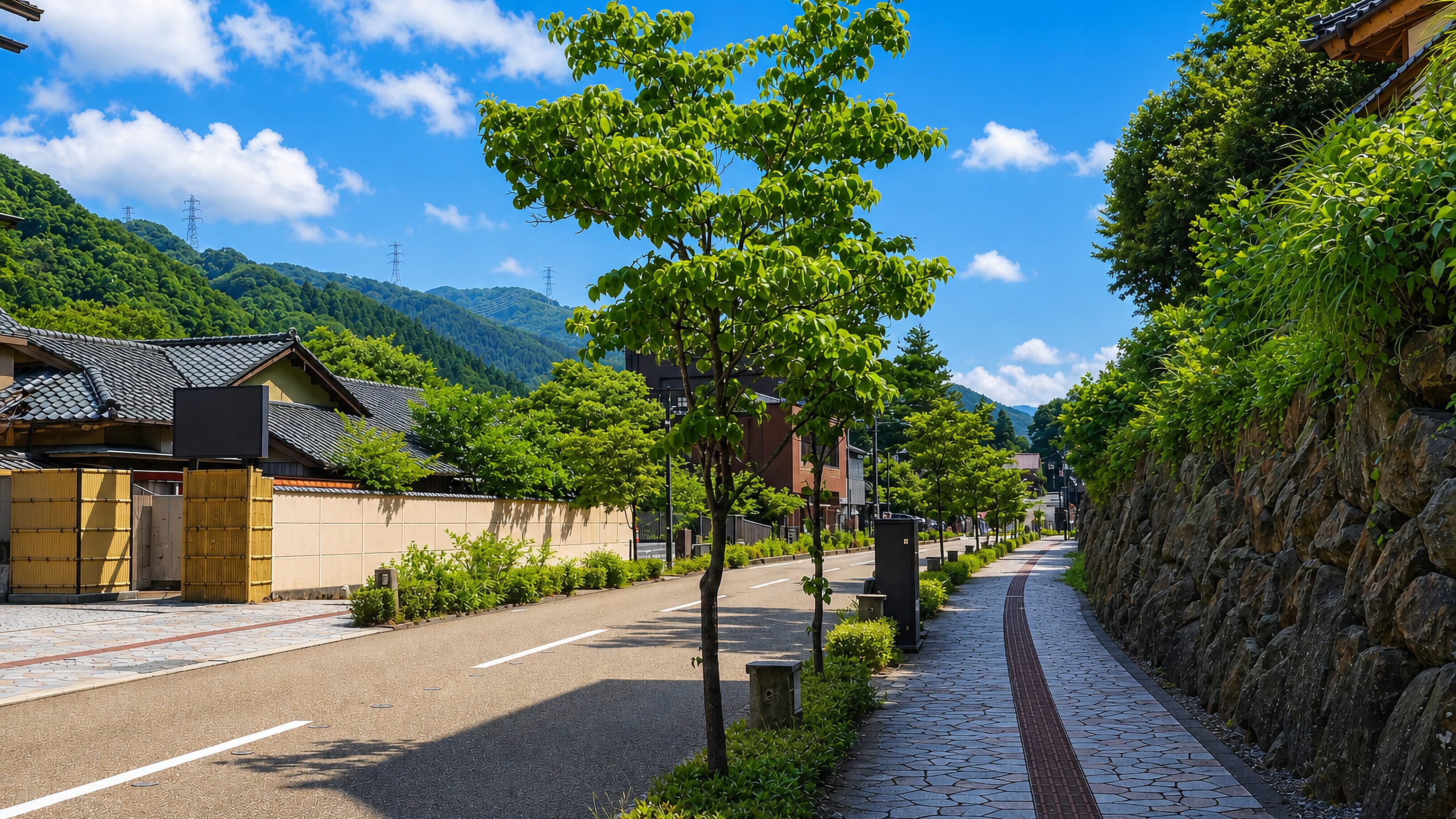 Quiet tree-lined street in Kaga, Japan, with tiled-roof houses, a bamboo fence and forested hills beyond.