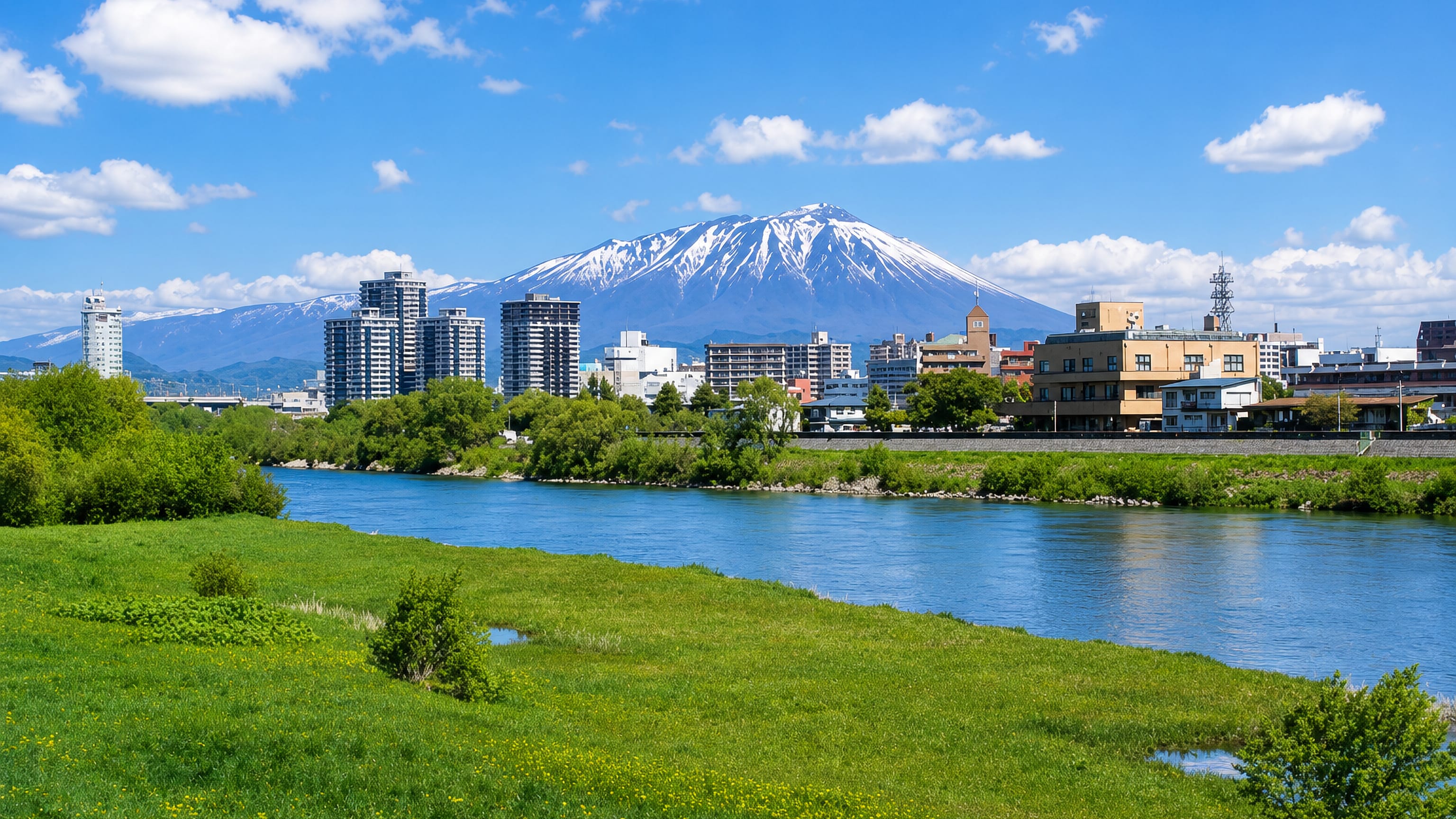 Snow-capped Mount Iwate rising beyond the Kitakami River and Morioka's riverside towers under a blue sky.