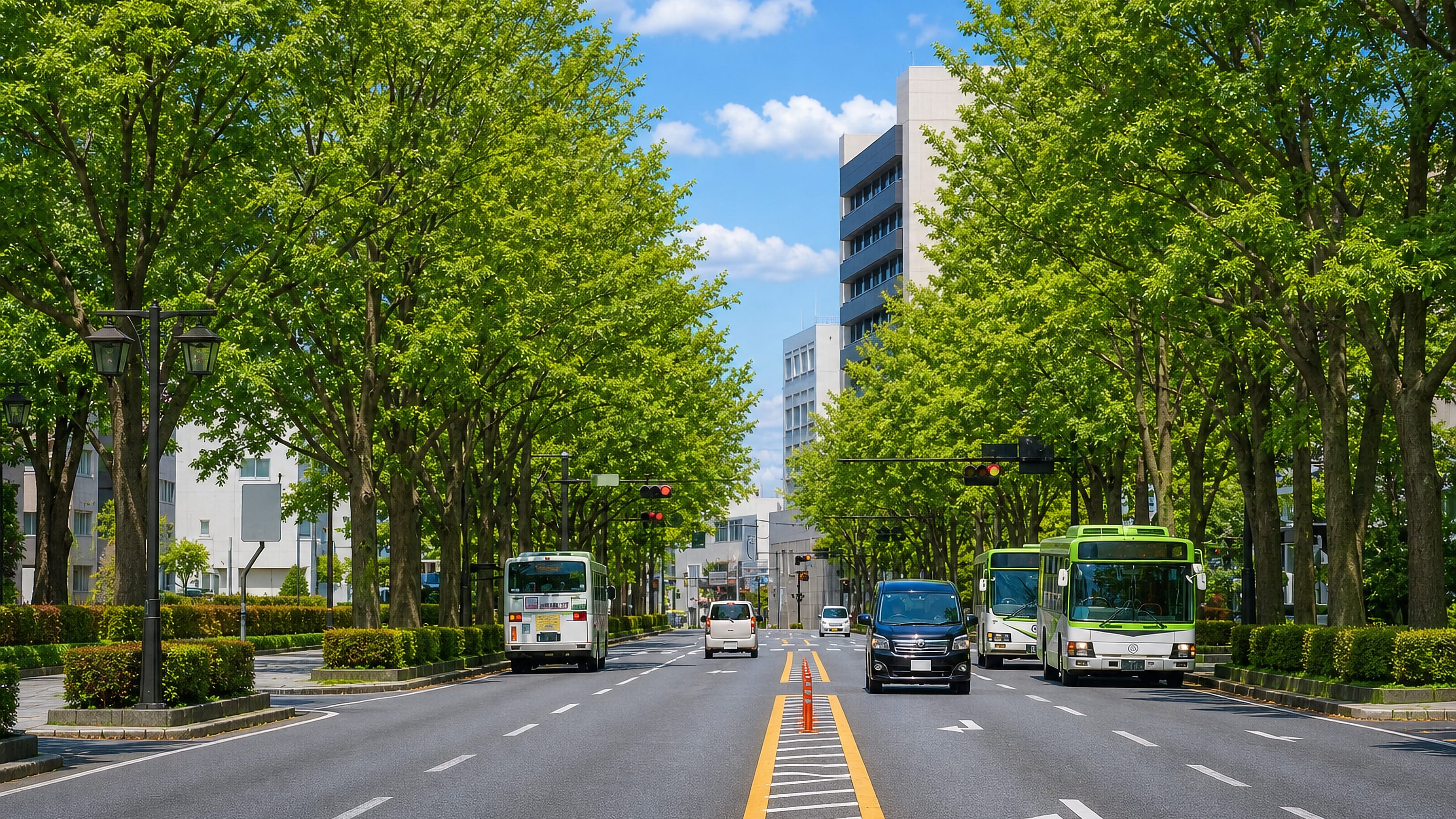 Tree-lined boulevard with green city buses passing offices in the Uchimaru civic district of Morioka.