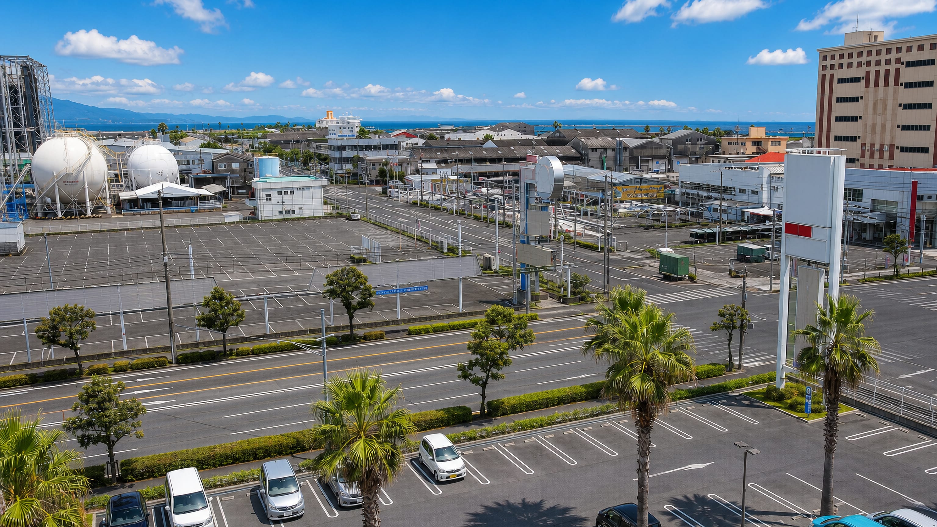 Daytime view over Usuki, Kagoshima, with car parks, gas storage tanks and Kagoshima Bay beyond.