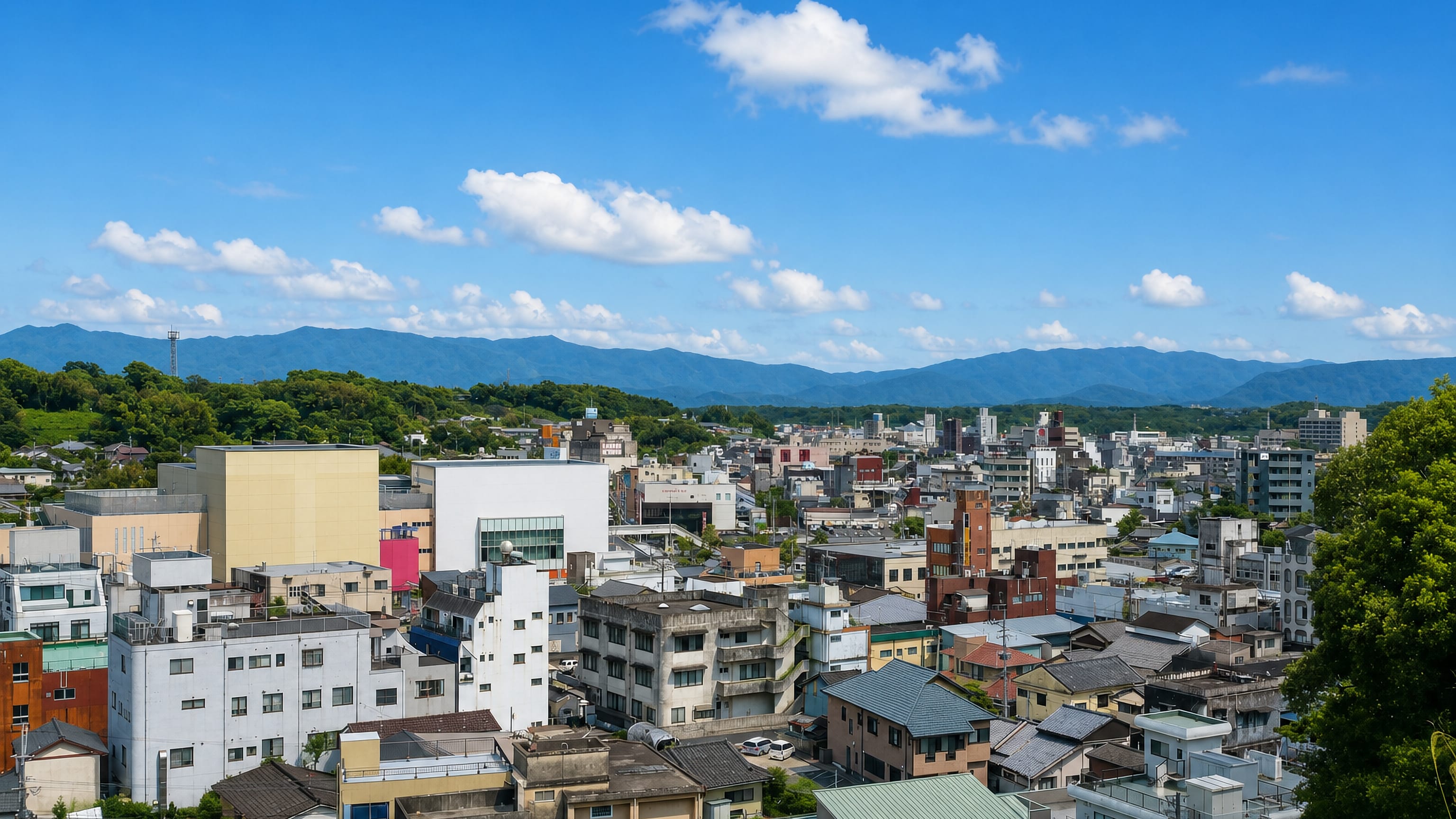 Low-rise rooftops of Kanoya, Kagoshima, spreading toward wooded hills under a clear summer sky.