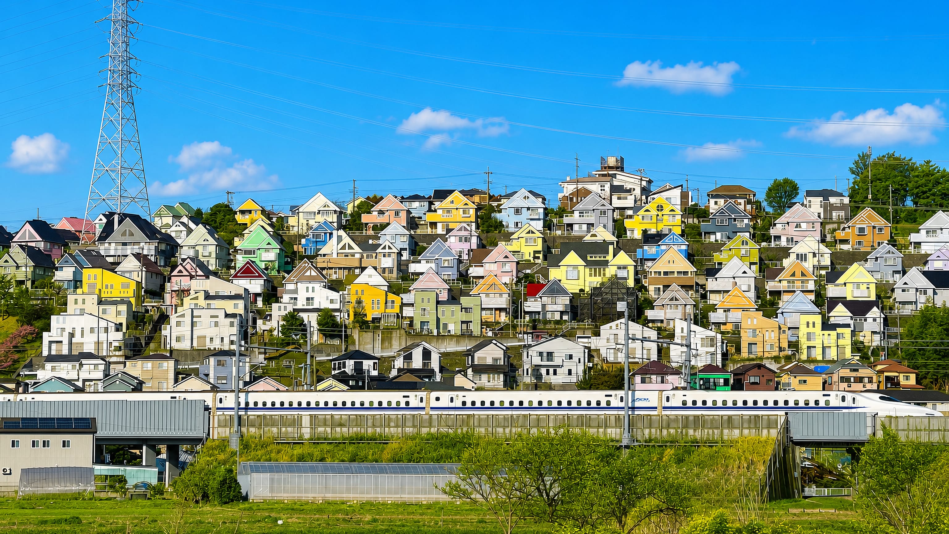 A Shinkansen passing below hillside houses in the Hinataoka neighbourhood of Hiratsuka, Kanagawa.