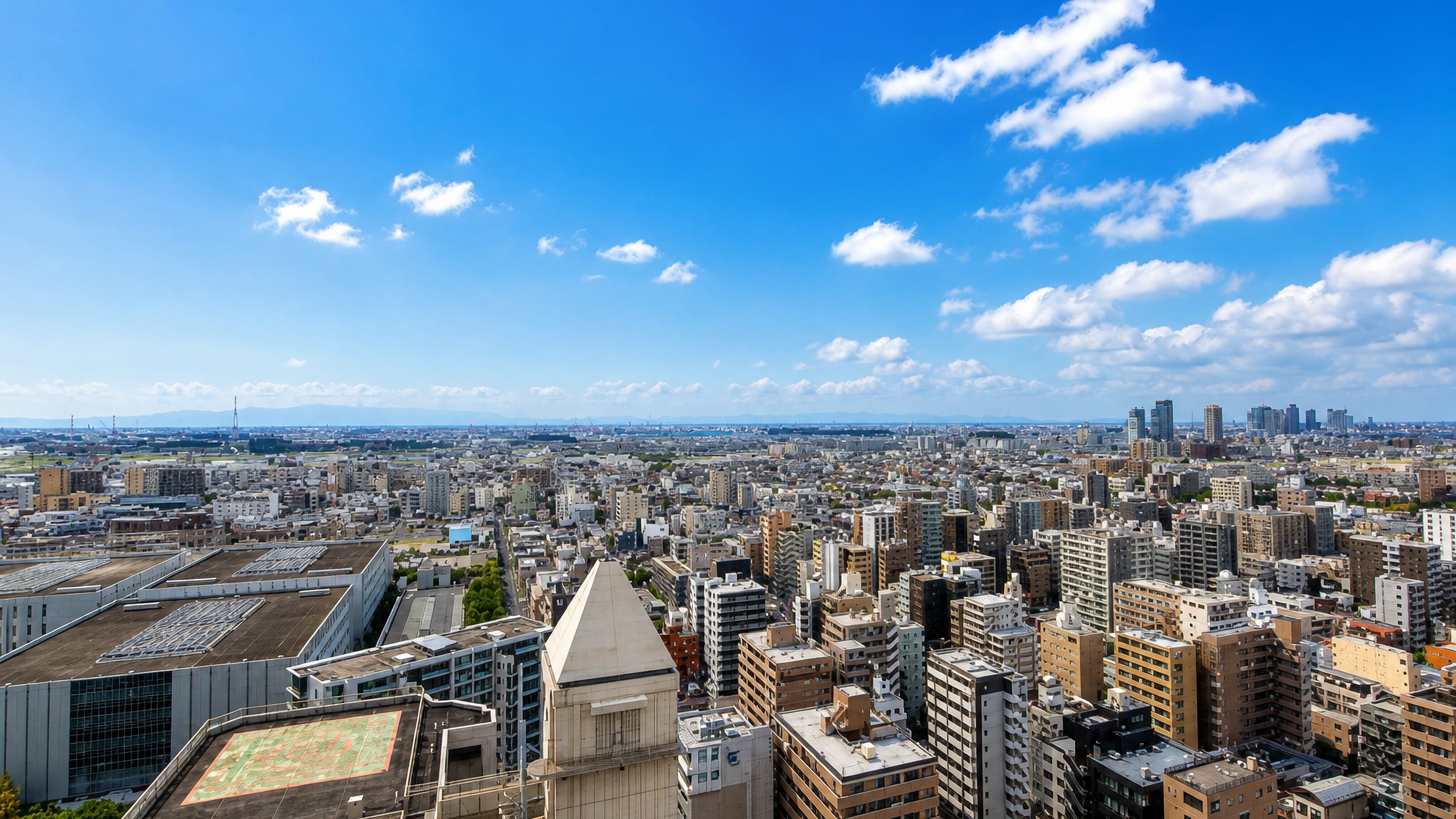 Elevated view across Kawasaki's dense low-rise cityscape toward the bay and distant hills under blue sky.