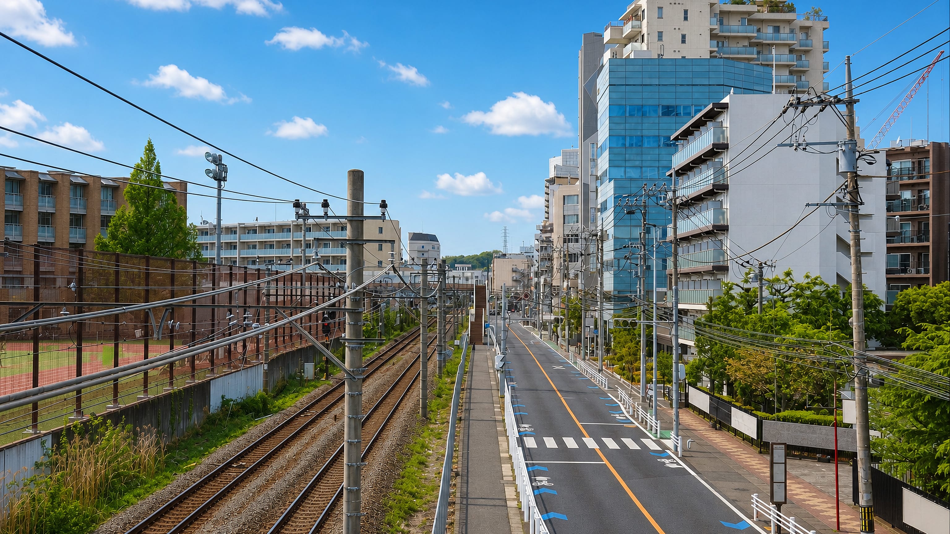 Hisamoto in Kawasaki, where a quiet street and railway tracks run between mid-rise apartment blocks under overhead wires.