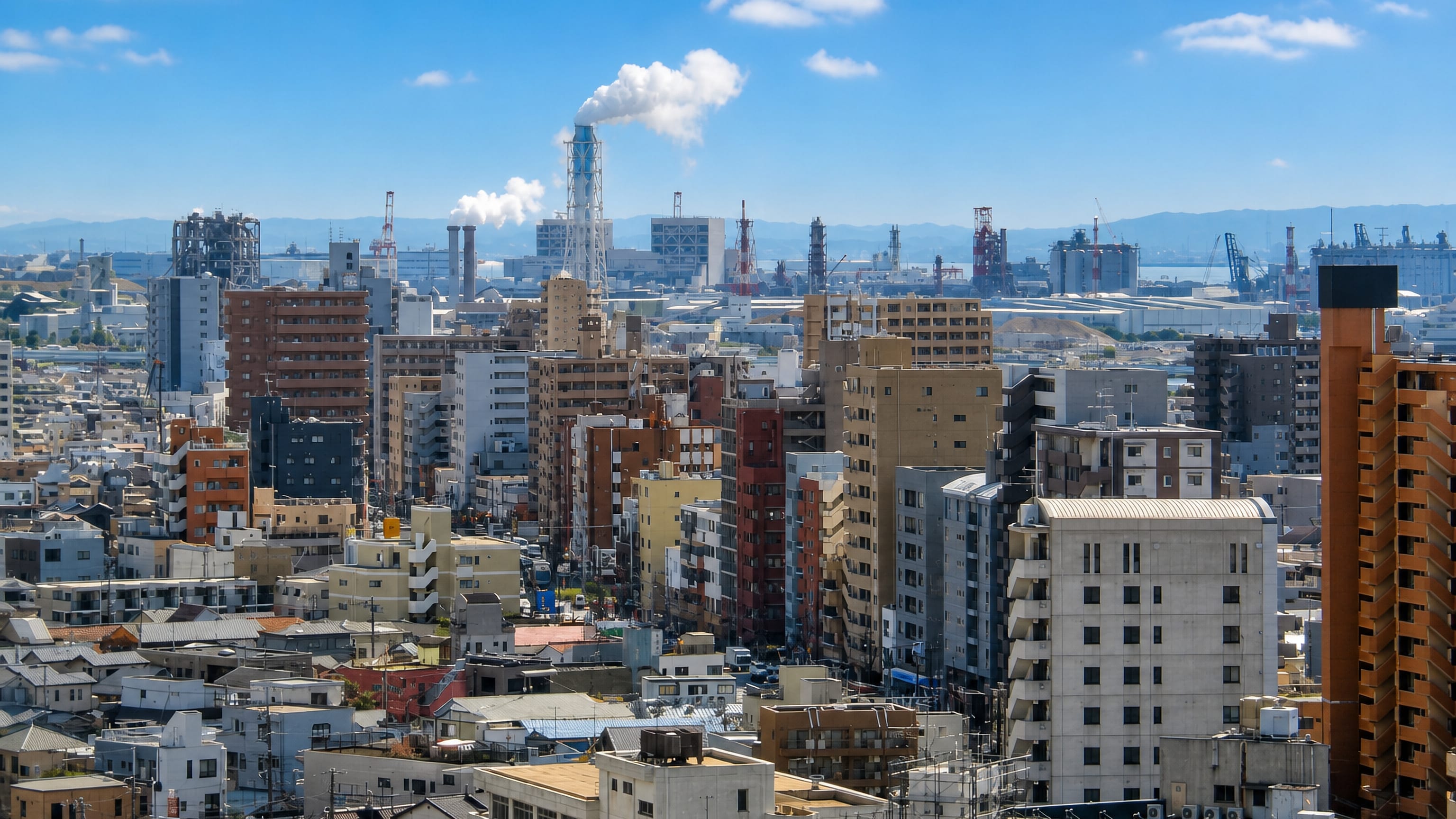 Dense mid-rise blocks of Nakaze, Kawasaki, with the city's industrial waterfront and chimneys on the horizon.