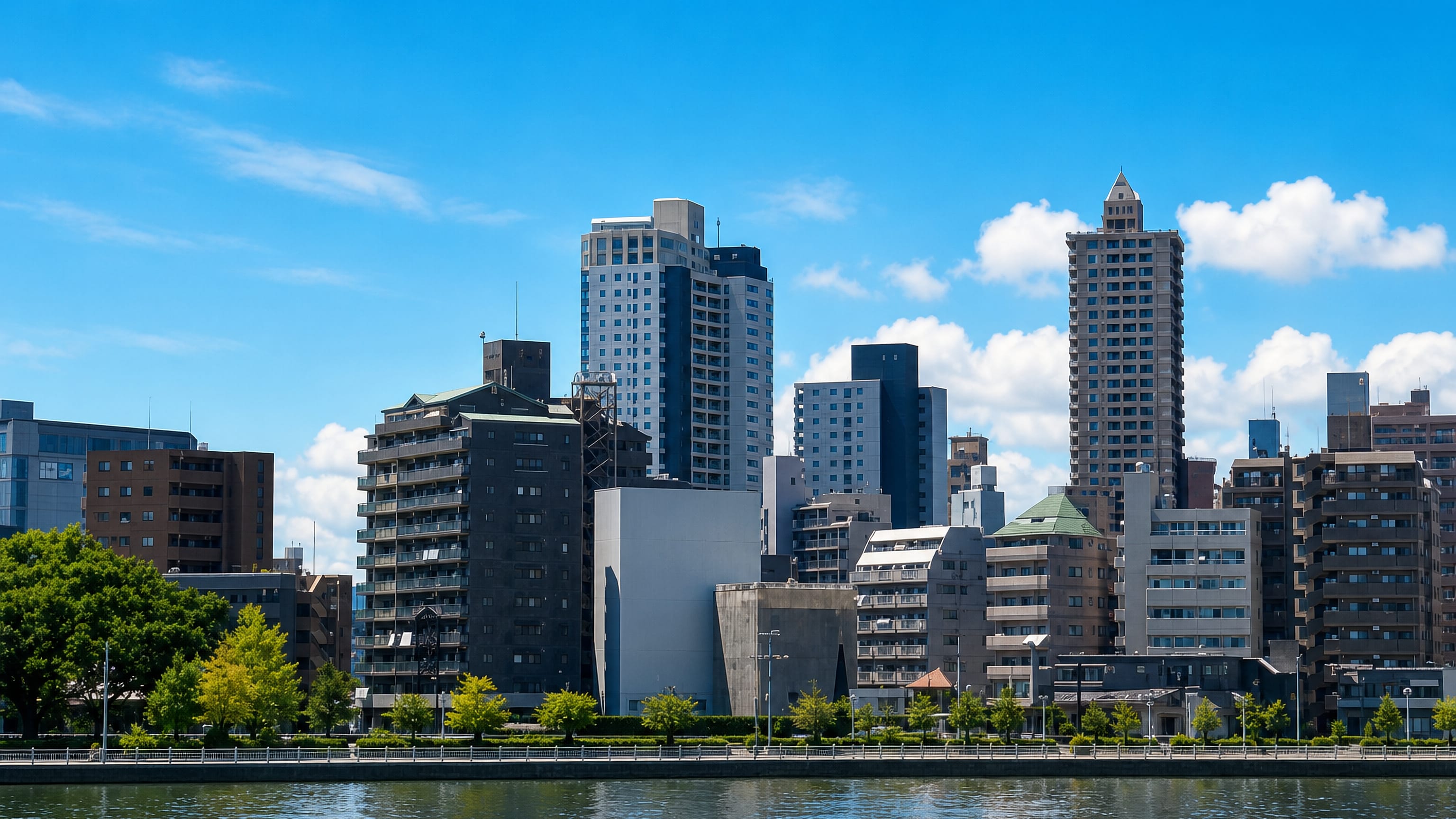 High-rise apartment towers and a tree-lined riverside promenade under blue sky in Sagamihara, Japan.