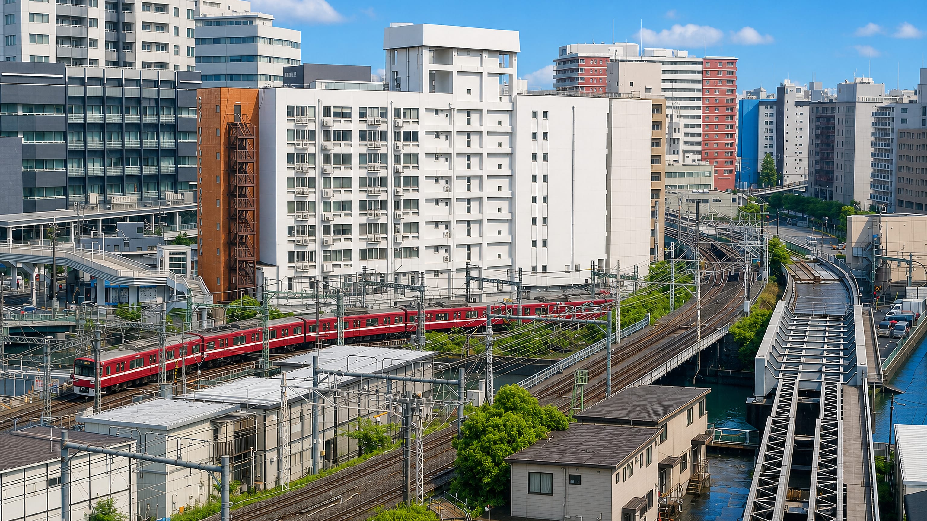Red Keikyu commuter train passing apartment towers and rail lines in Nishi-ku, Yokohama, Japan.