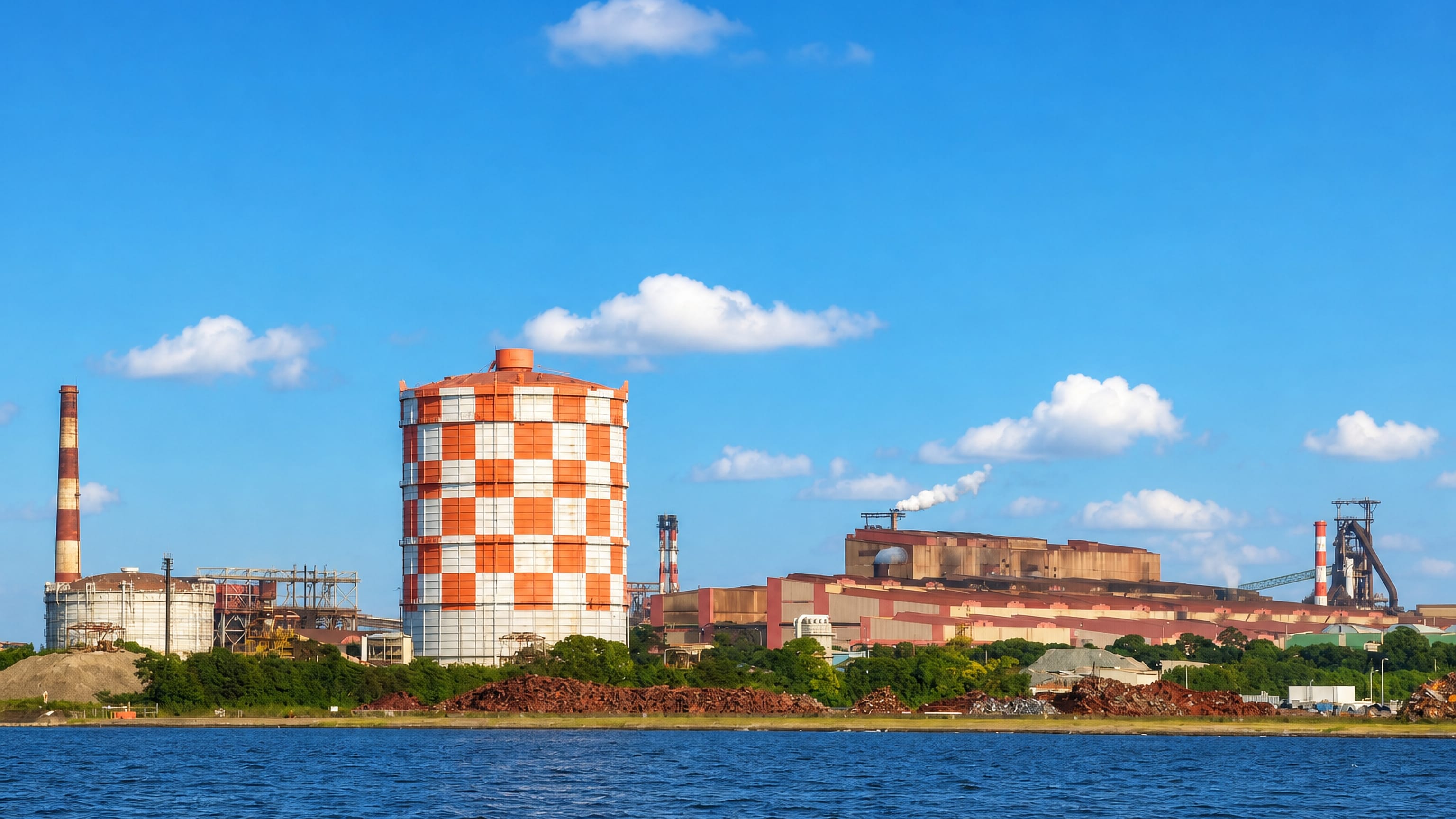 Waterfront steelworks and a chequered gasholder on the Keihin industrial belt at Tsurumi-ku, Yokohama.