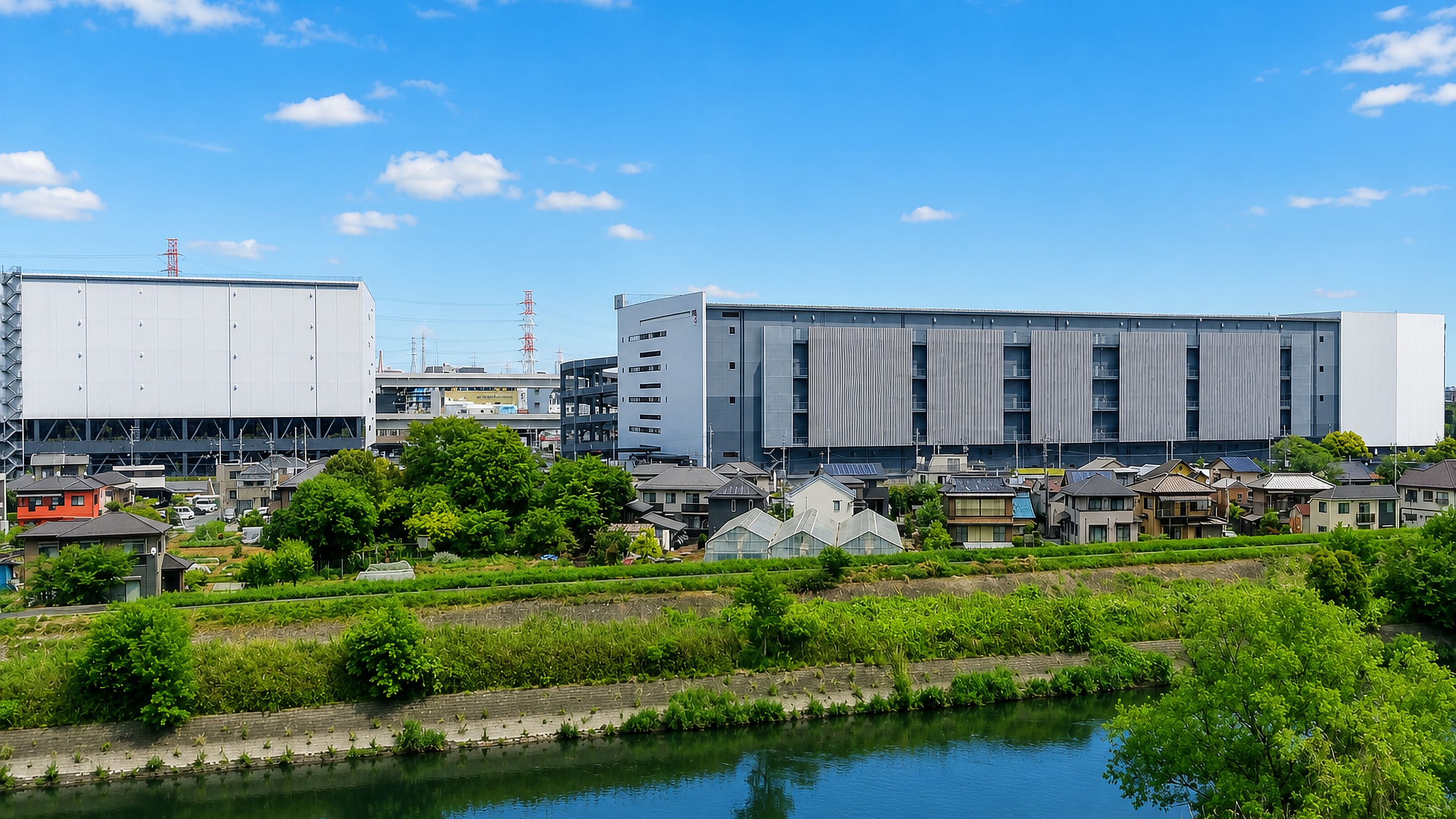 River embankment, low houses and large distribution warehouses in Tsuzuki-ku, Yokohama, Japan
