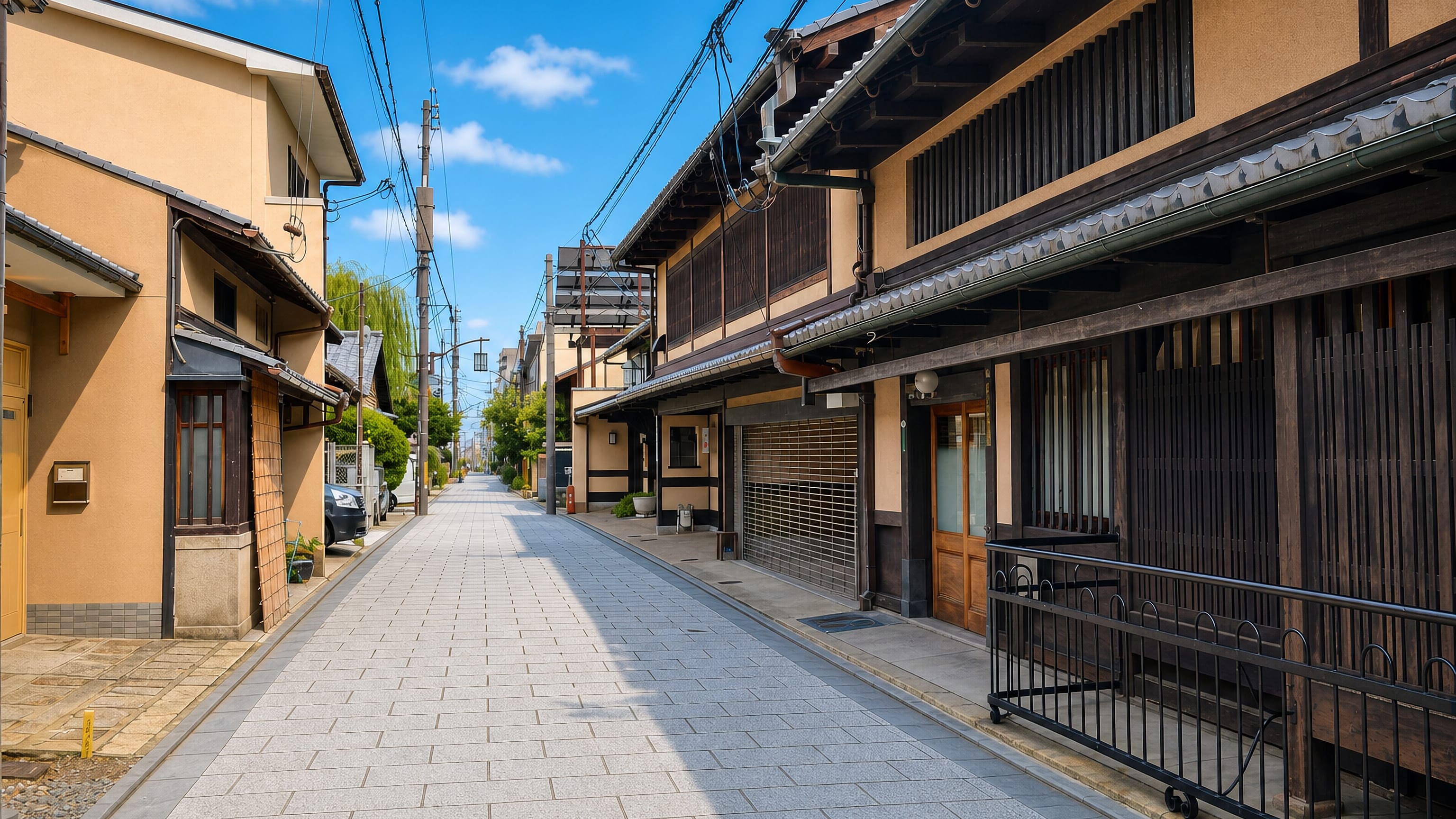 A quiet lane of latticed wooden machiya townhouses in Kyoto's Nishijin weaving district.