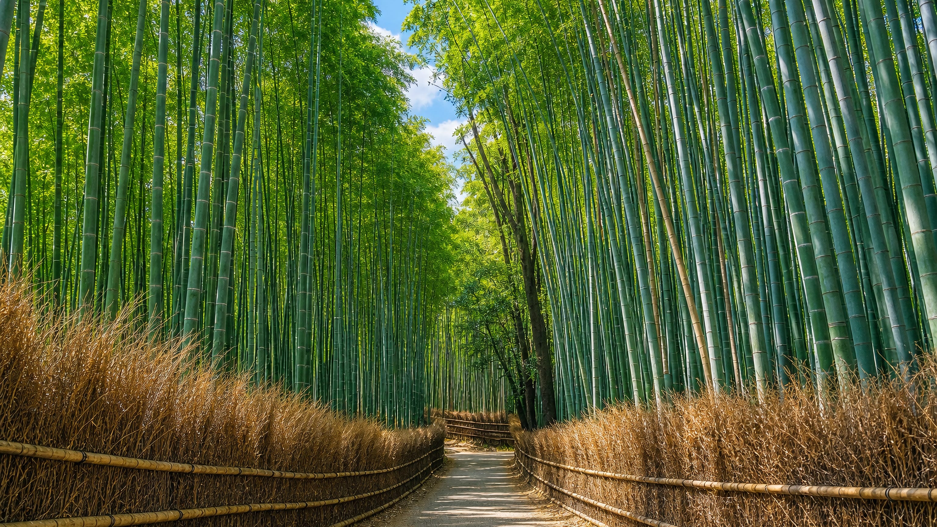 The Arashiyama bamboo grove path in Sagano, Kyoto, sunlit between towering green stalks.