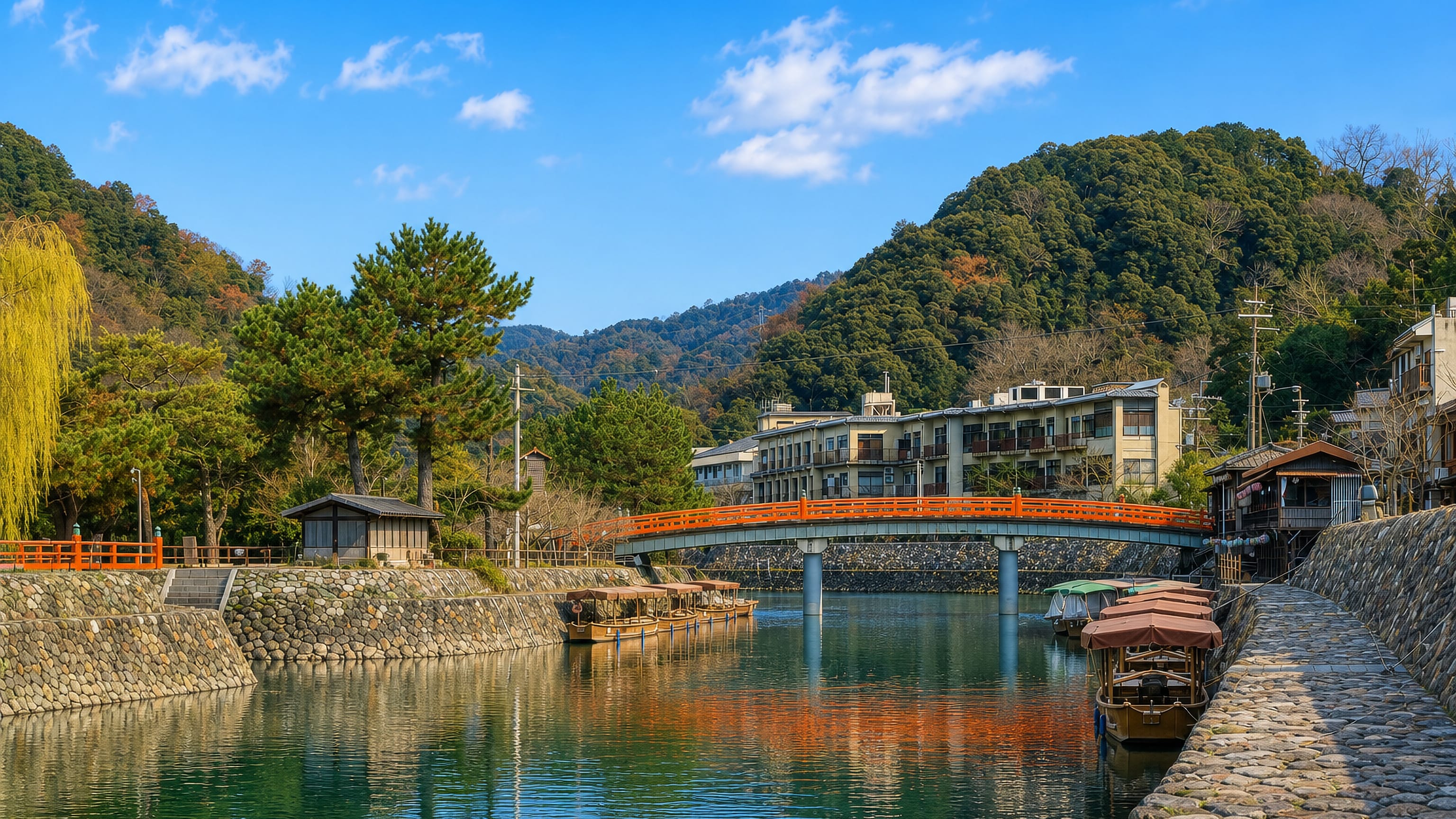 A vermilion arched footbridge over the Uji River, with moored pleasure boats and wooded hills behind