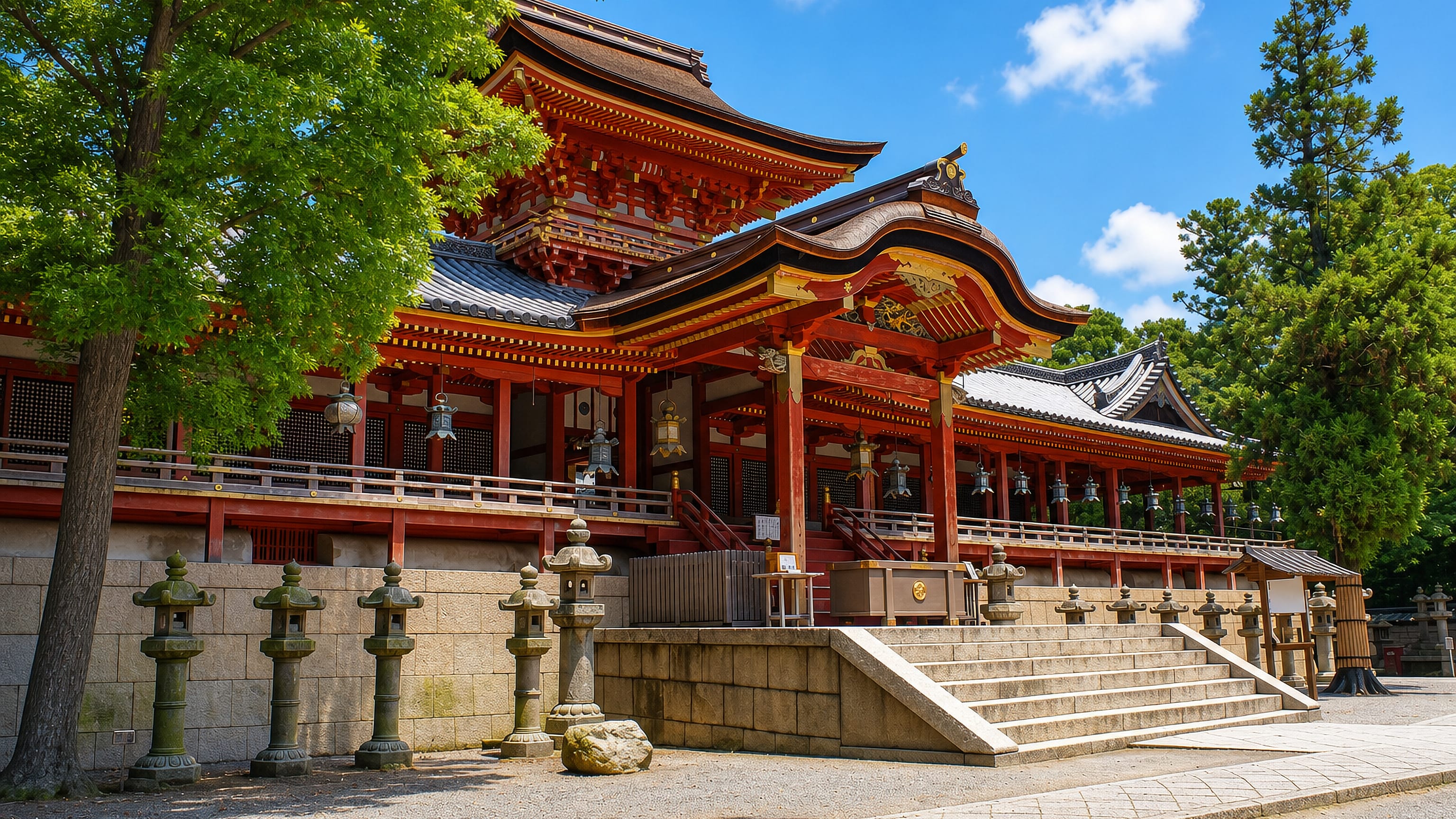 The vermilion halls and stone lanterns of Iwashimizu Hachimangu shrine in Yawata, Kyoto Prefecture