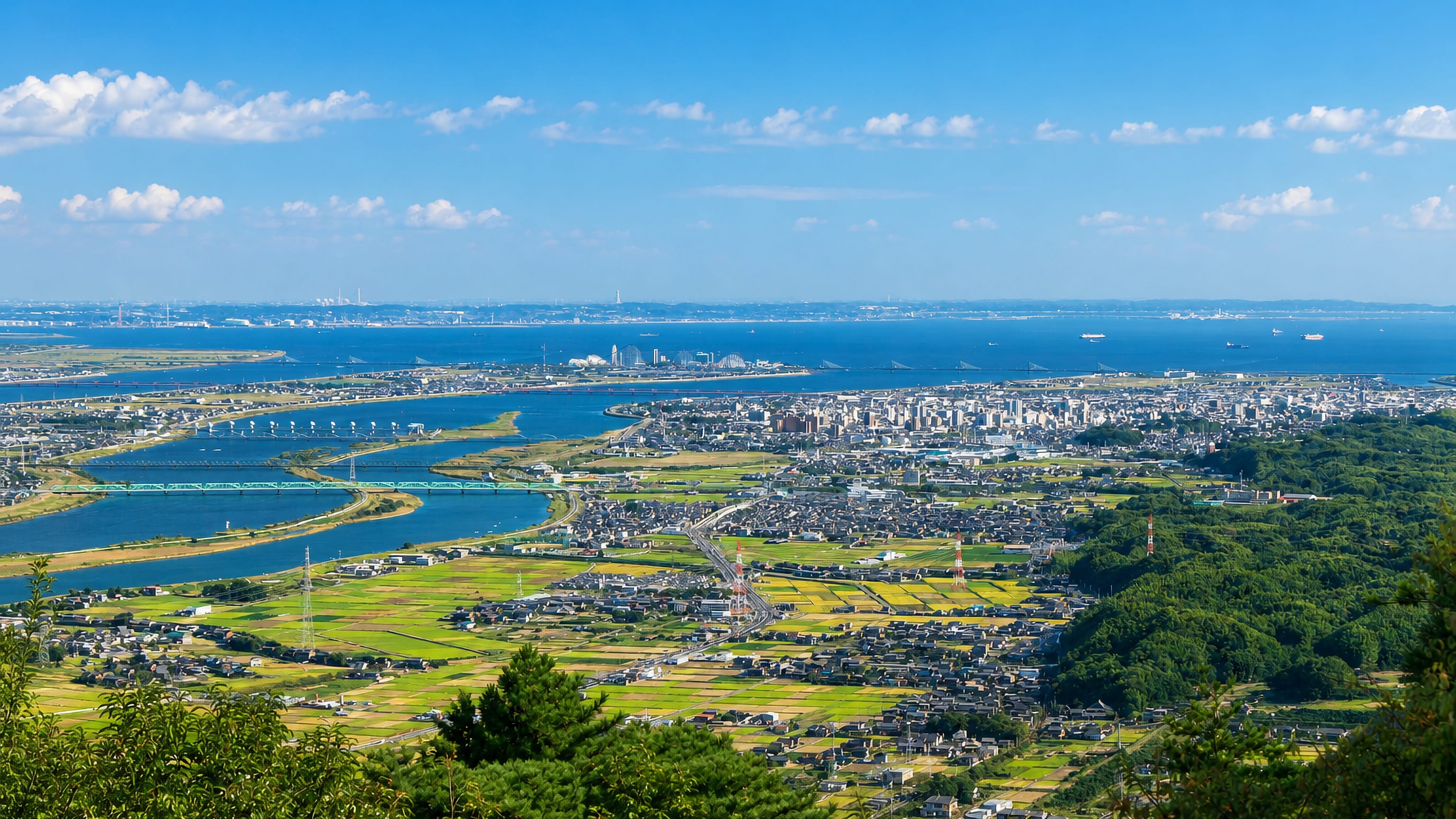 Kuwana, Japan, seen from the hills above the Kiso river delta, with rice fields and Ise Bay beyond