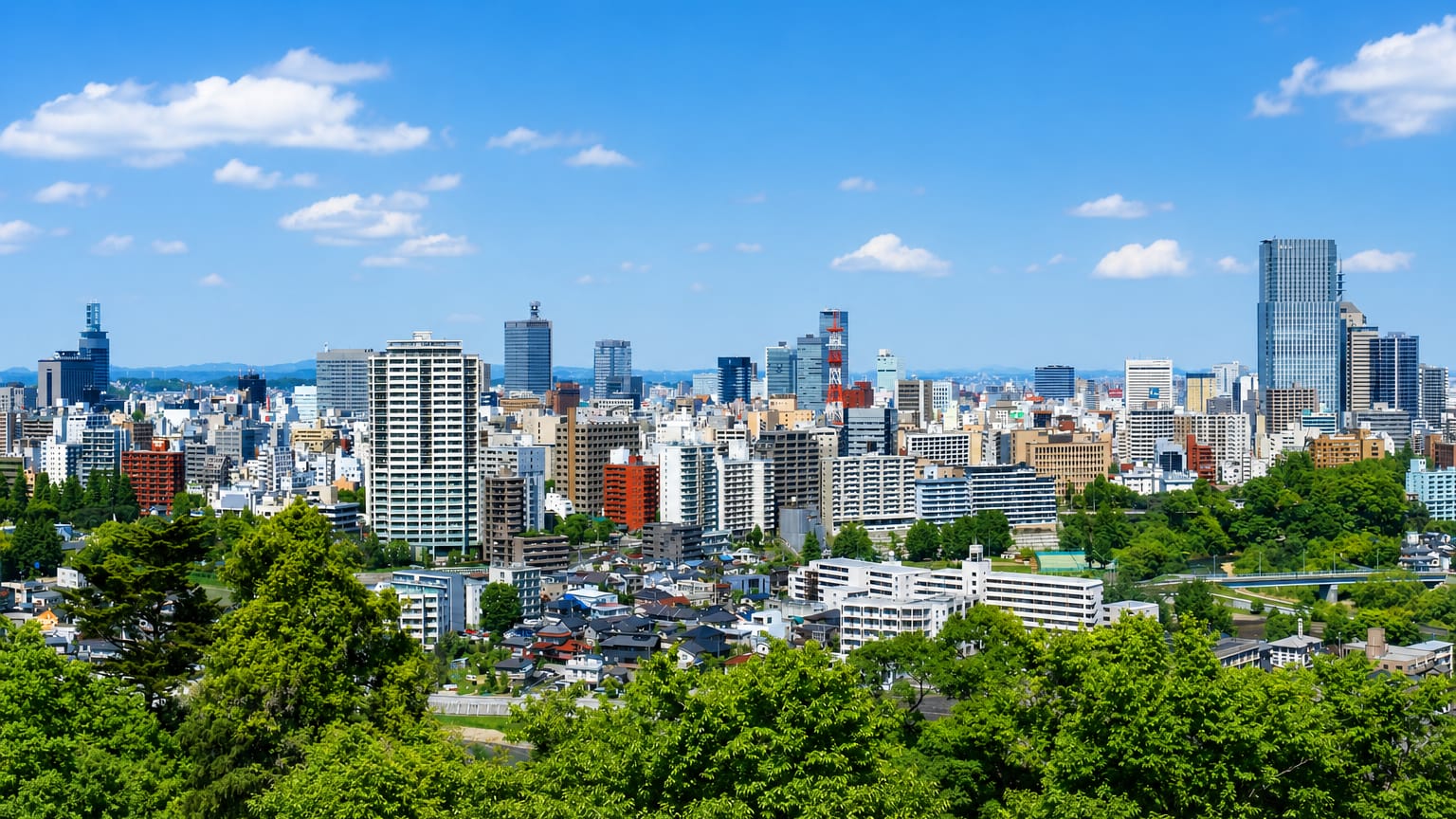 Sendai skyline in Miyagi, high-rise towers rising beyond the green trees of the surrounding hills.