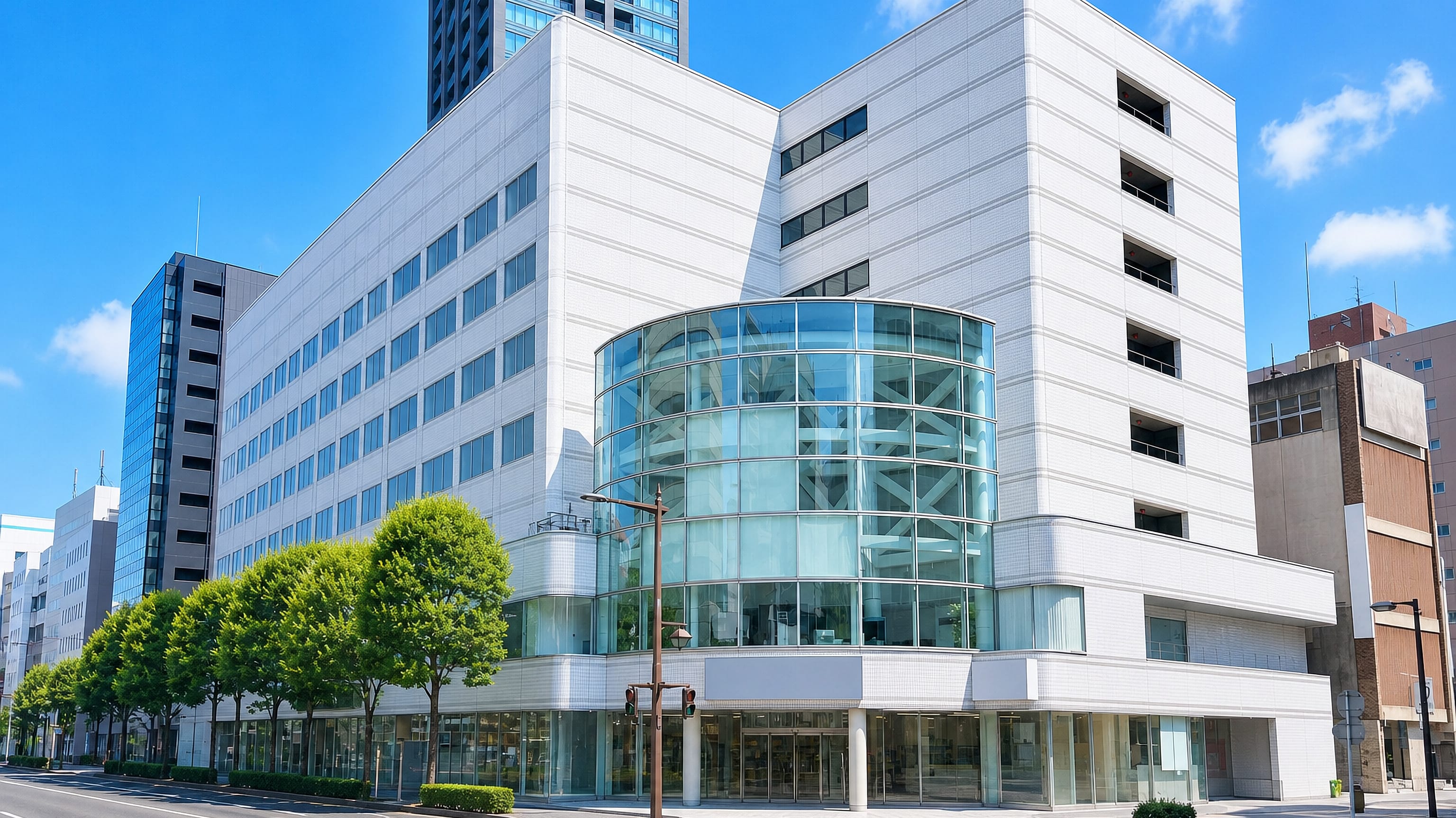 White tiled office building with a curved glass atrium on a tree-lined corner in Ichibancho, Sendai.