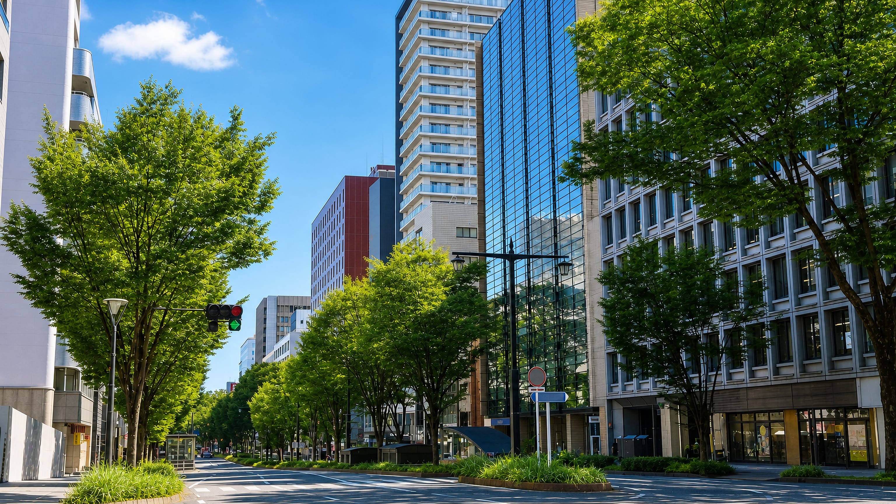 Tree-lined boulevard in Omachi, central Sendai, with glass office towers under a clear summer sky.