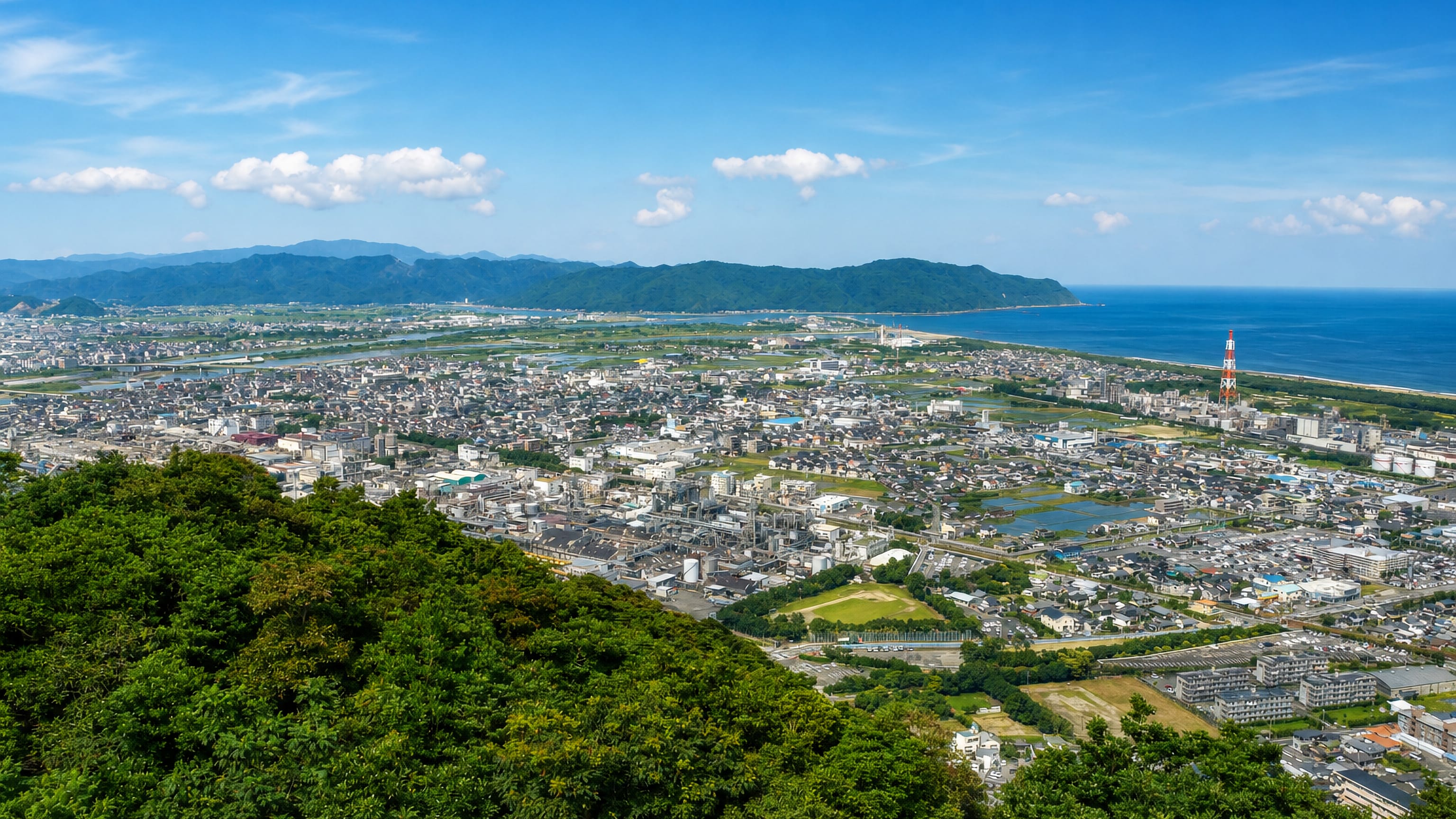 Nobeoka, Japan, seen from the hills: the city spreading across the river delta to the Hyuga-nada coast.