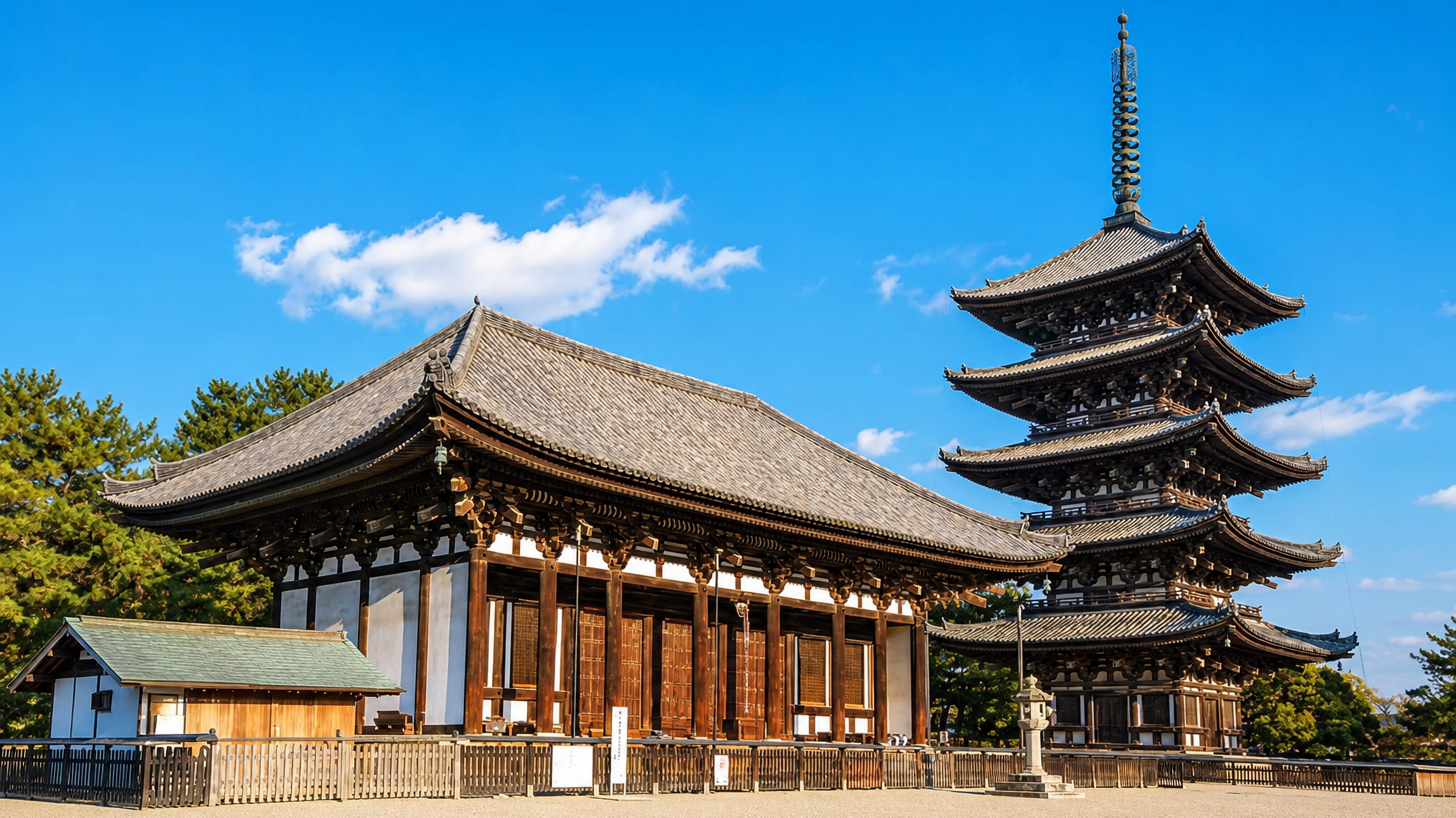 Kofuku-ji's five-storey pagoda and Eastern Golden Hall under a clear blue sky in Nara, Japan
