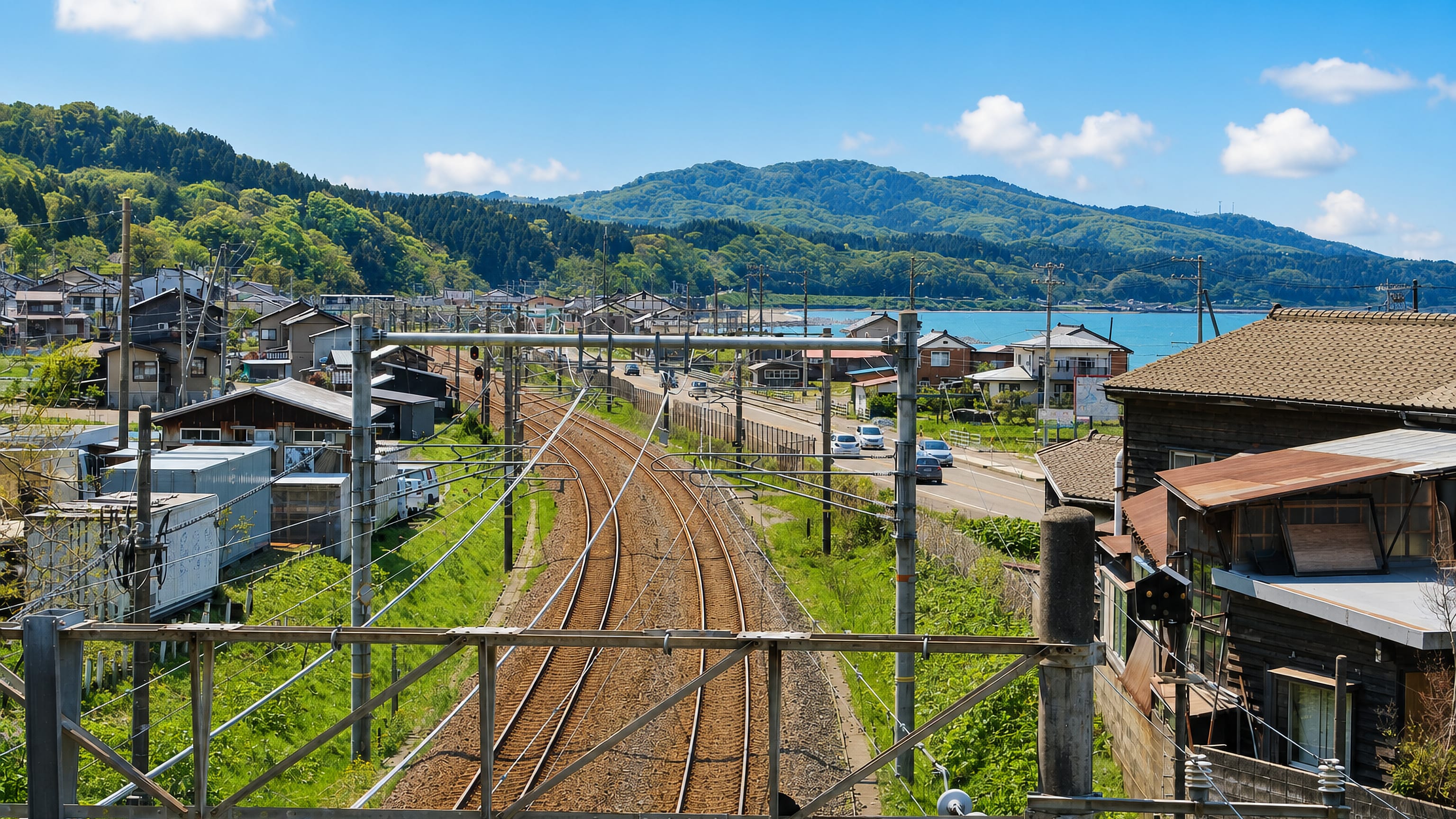 Railway tracks curving through Joetsu's coastal houses toward the Sea of Japan and green hills.