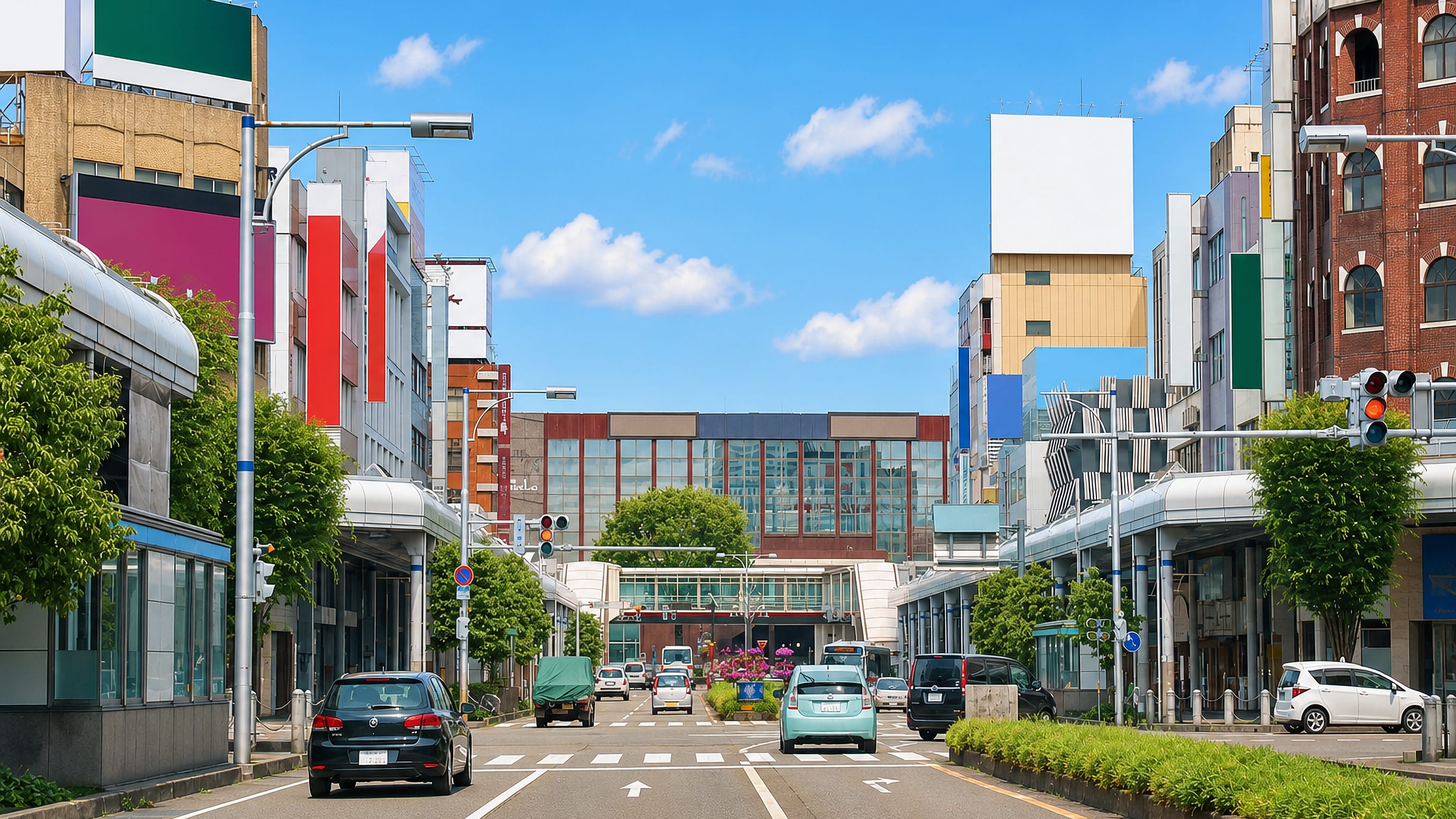 A wide central street in Nagaoka, Japan, lined with mid-rise buildings, covered arcades and street trees