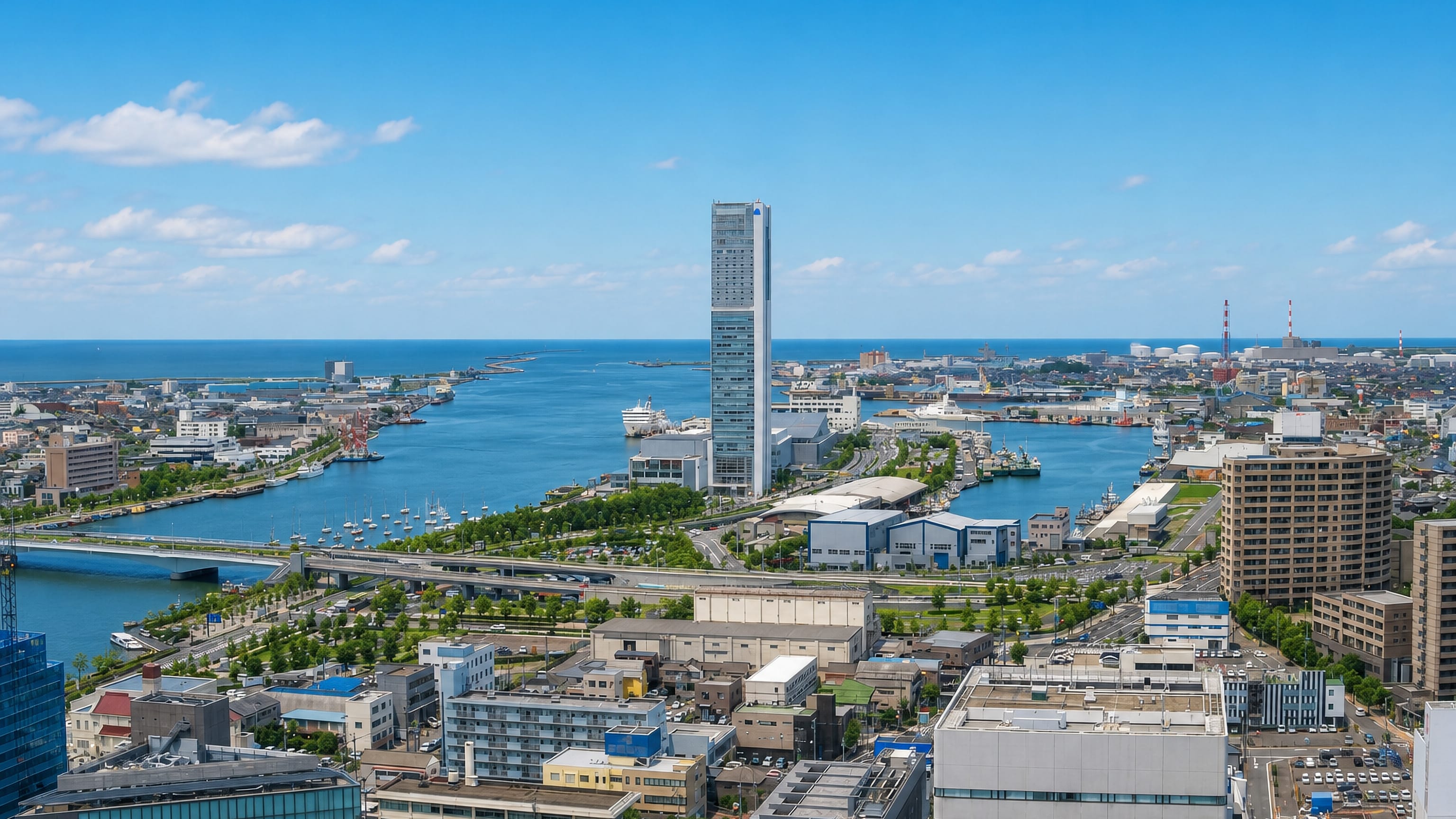 Shinano river mouth, harbour and the slender Toki Messe tower seen over Bandai in Niigata, Japan.