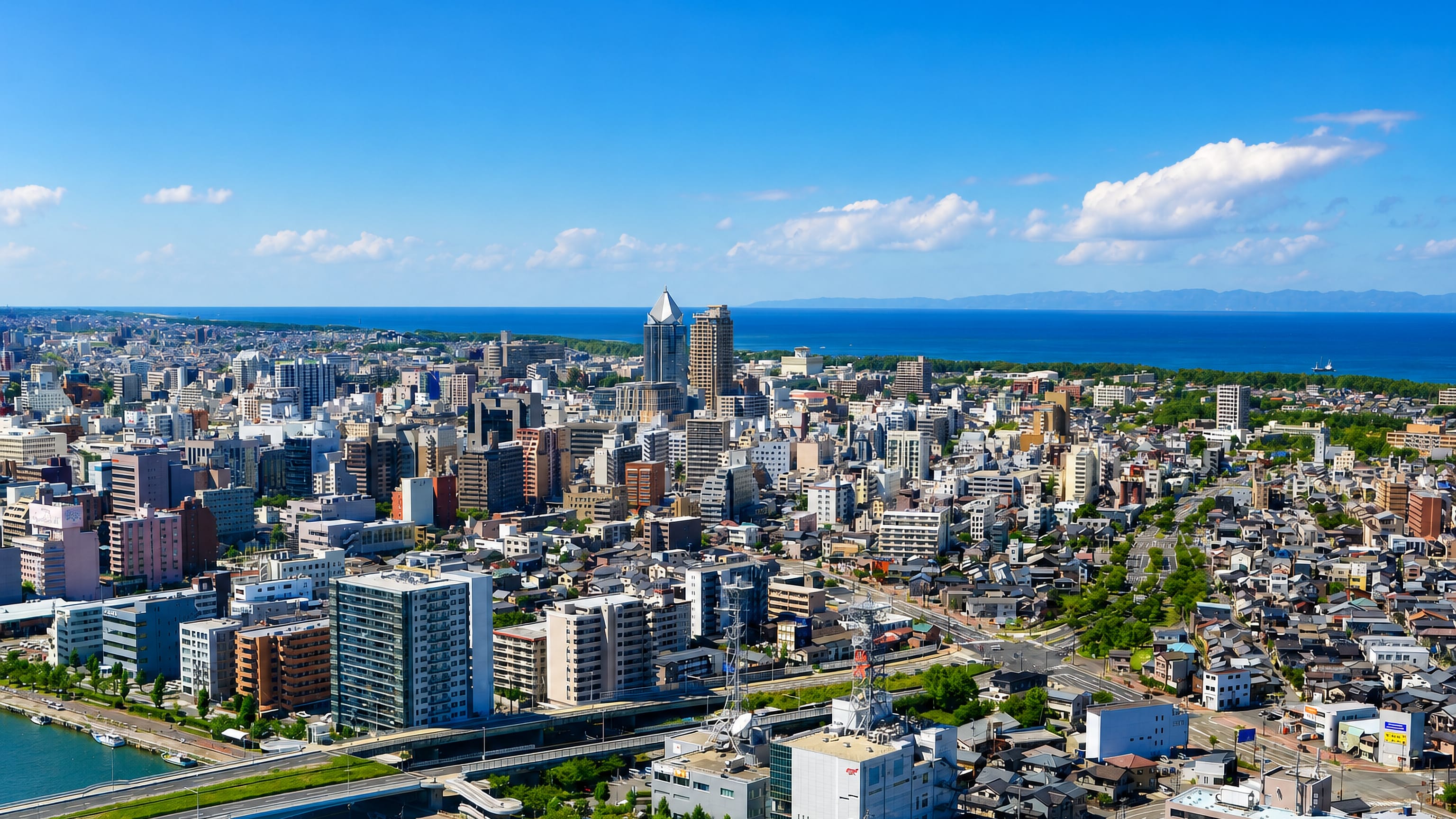Niigata's downtown along the Shinano River, with the pointed crown of the NEXT21 tower and the Sea of Japan beyond