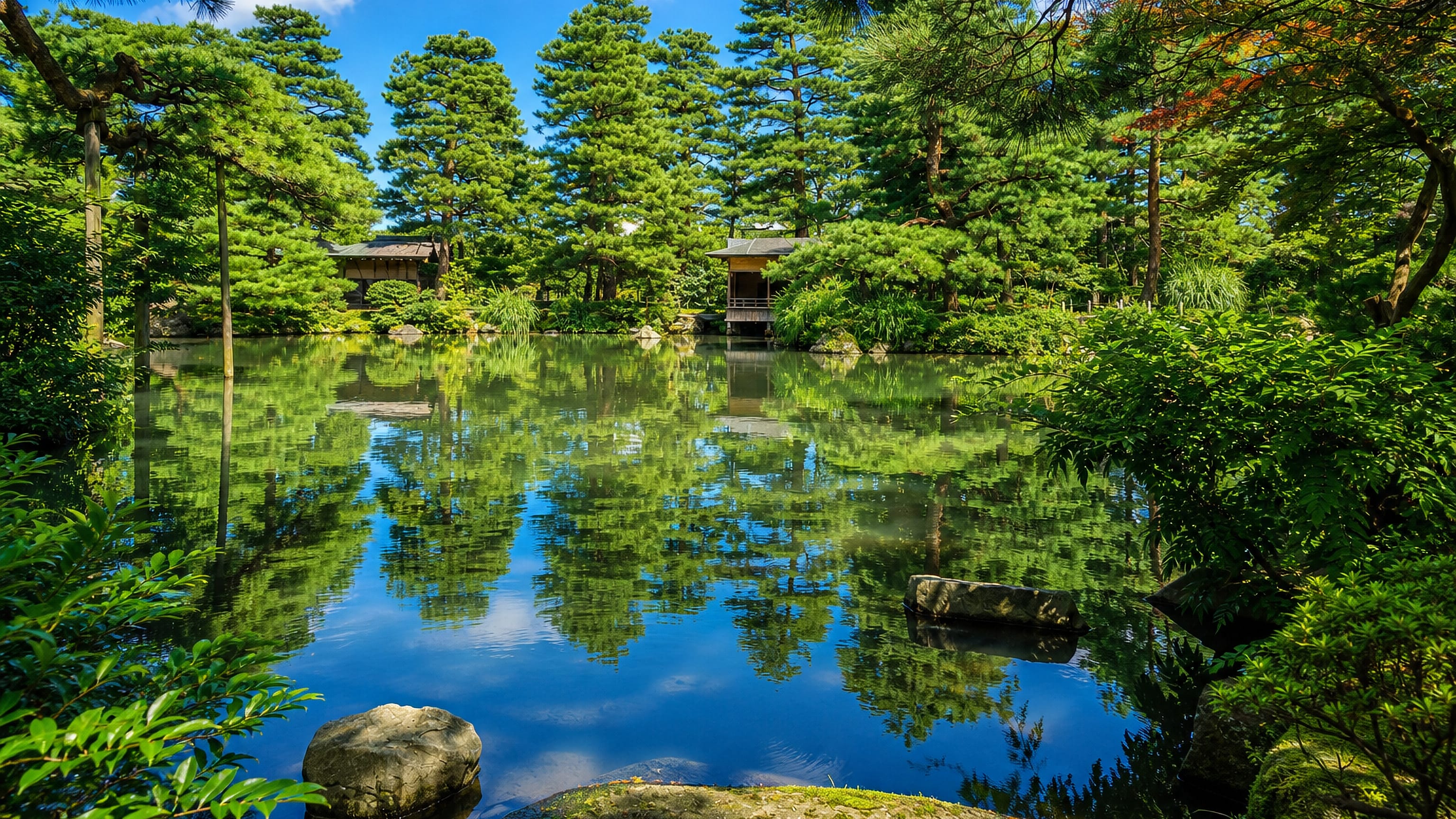 Pine-fringed garden pond with a wooden teahouse in Shibata, Niigata Prefecture, Japan.