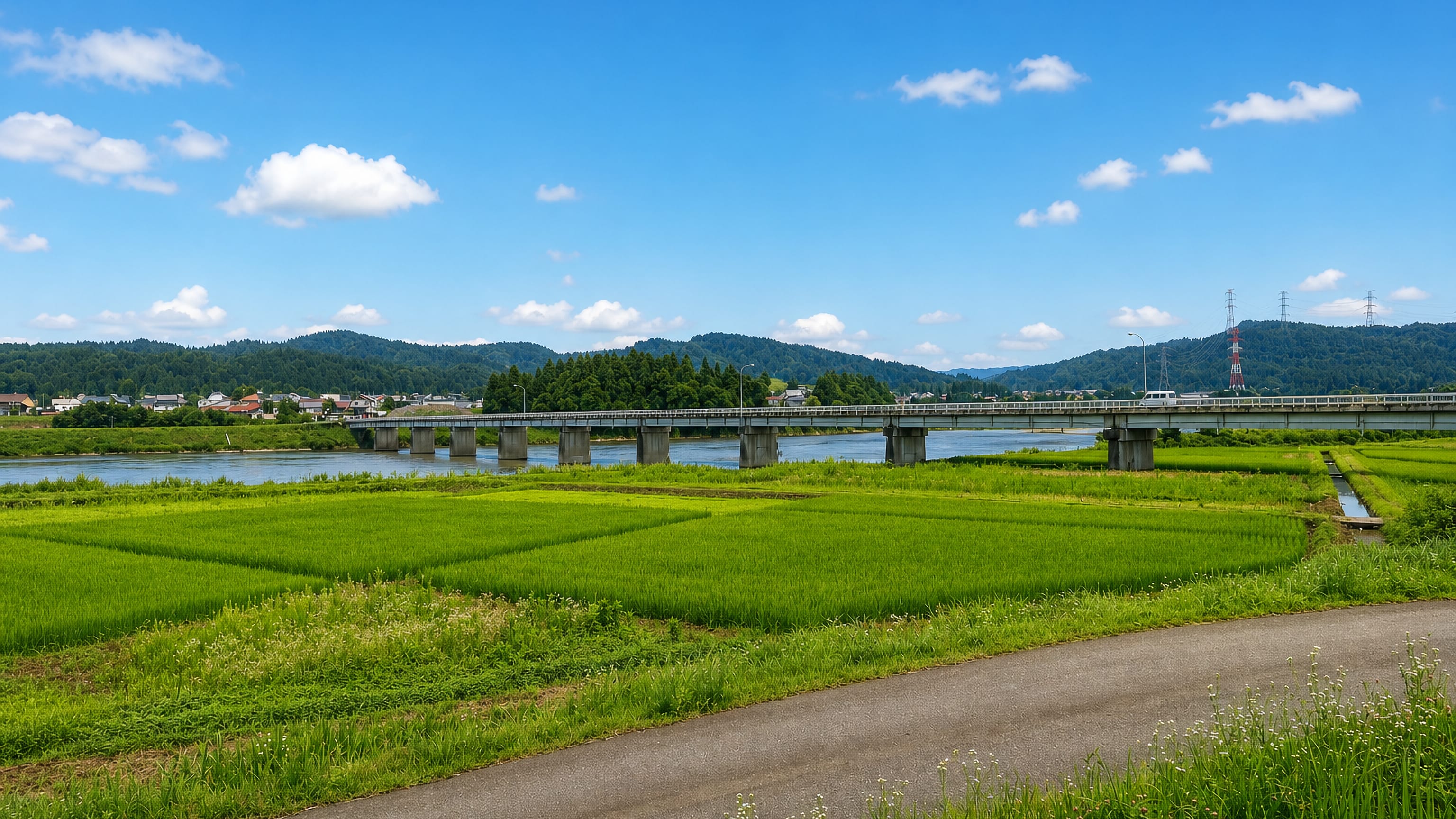 Rice paddies and a long bridge over the river at Tokamachi, Niigata, with wooded hills behind.