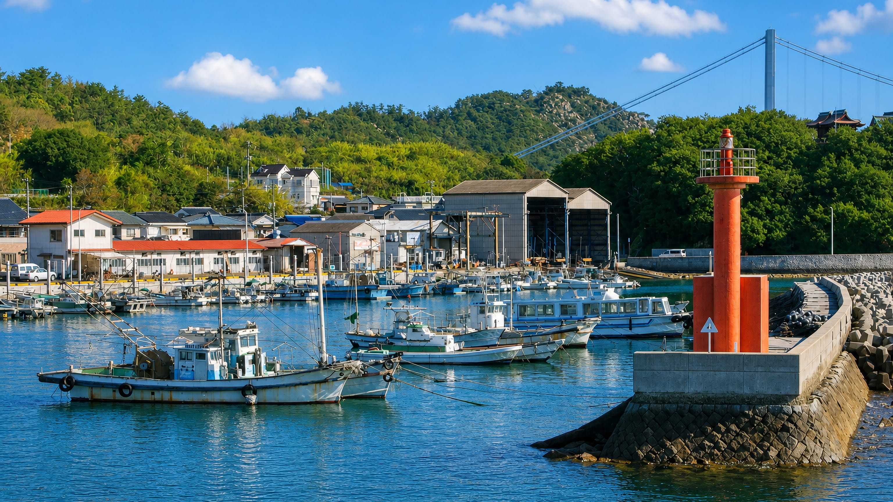 Shimotsui fishing harbour, Kurashiki, with moored boats, a red breakwater beacon and the Seto Ohashi bridge beyond.
