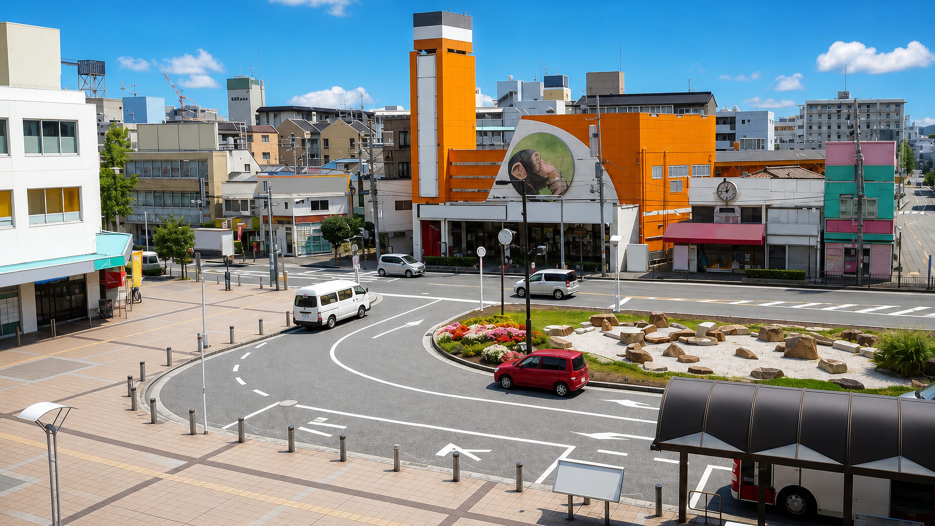 Station-front plaza with bus bays, a rock garden and an orange retail building in Kadoma, Osaka Prefecture.