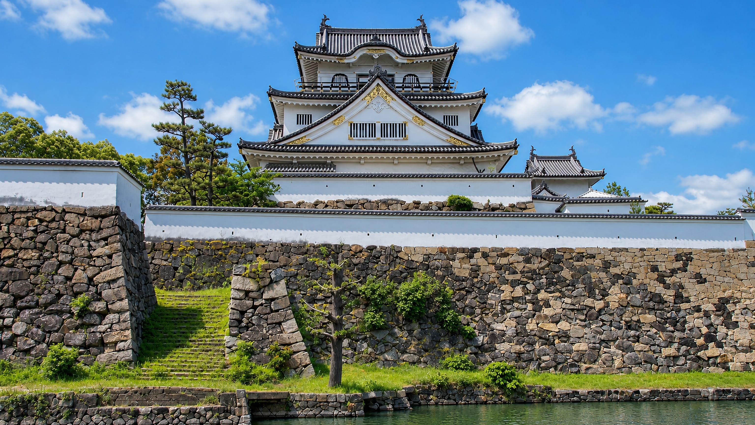 Kishiwada Castle's white keep above its stone ramparts and moat in Kishiwada, Osaka Prefecture.