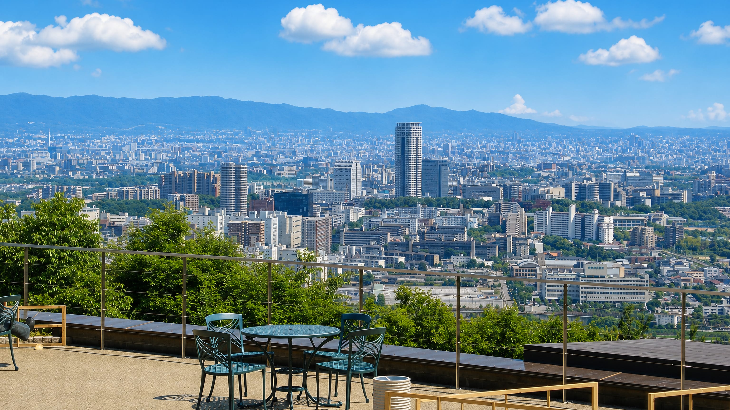Hilltop terrace overlooking the Osaka plain skyline from Minoh, Japan
