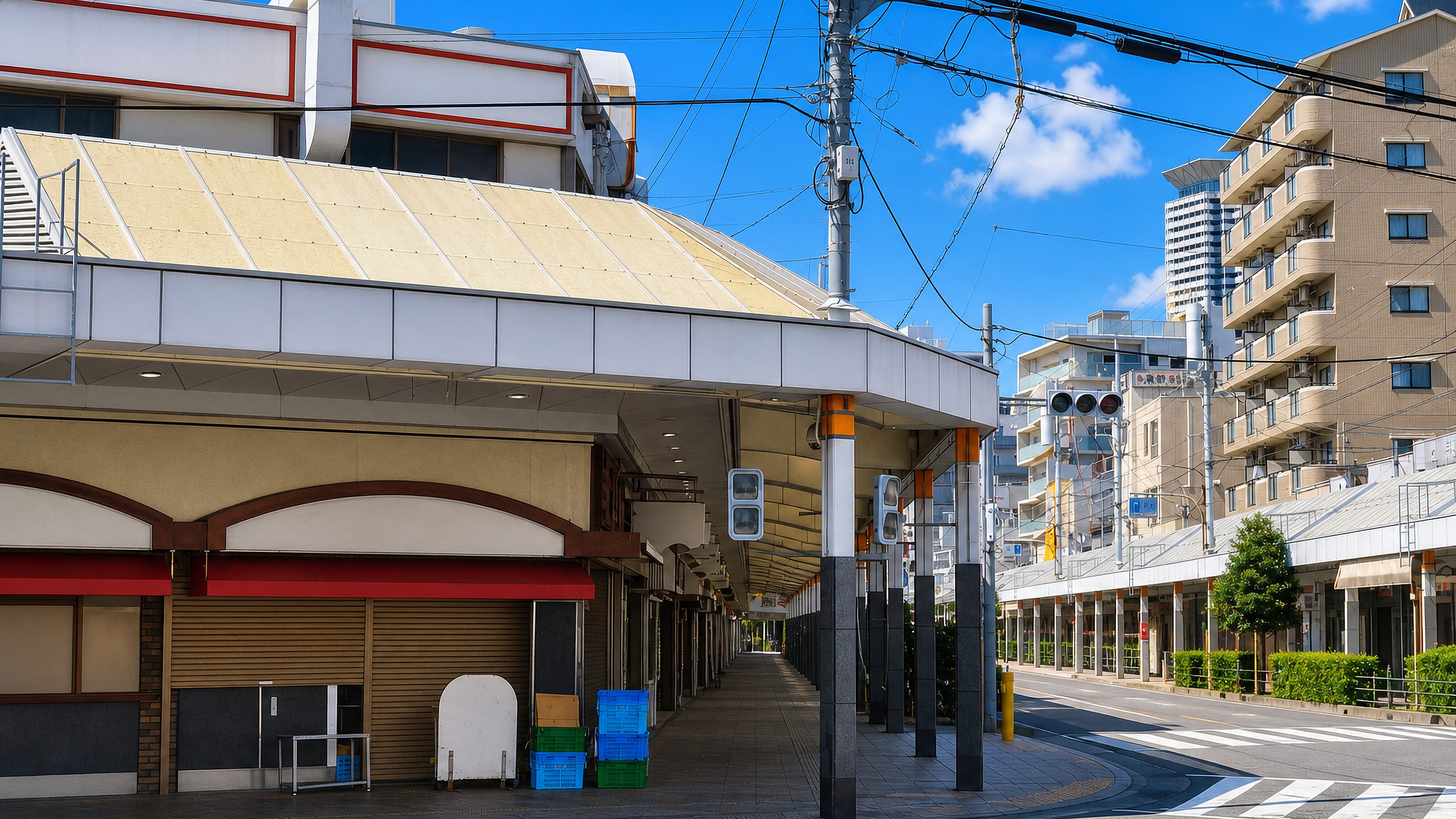 Covered shopping arcade and apartment blocks along a quiet daytime street in Suita, Osaka Prefecture, Japan.